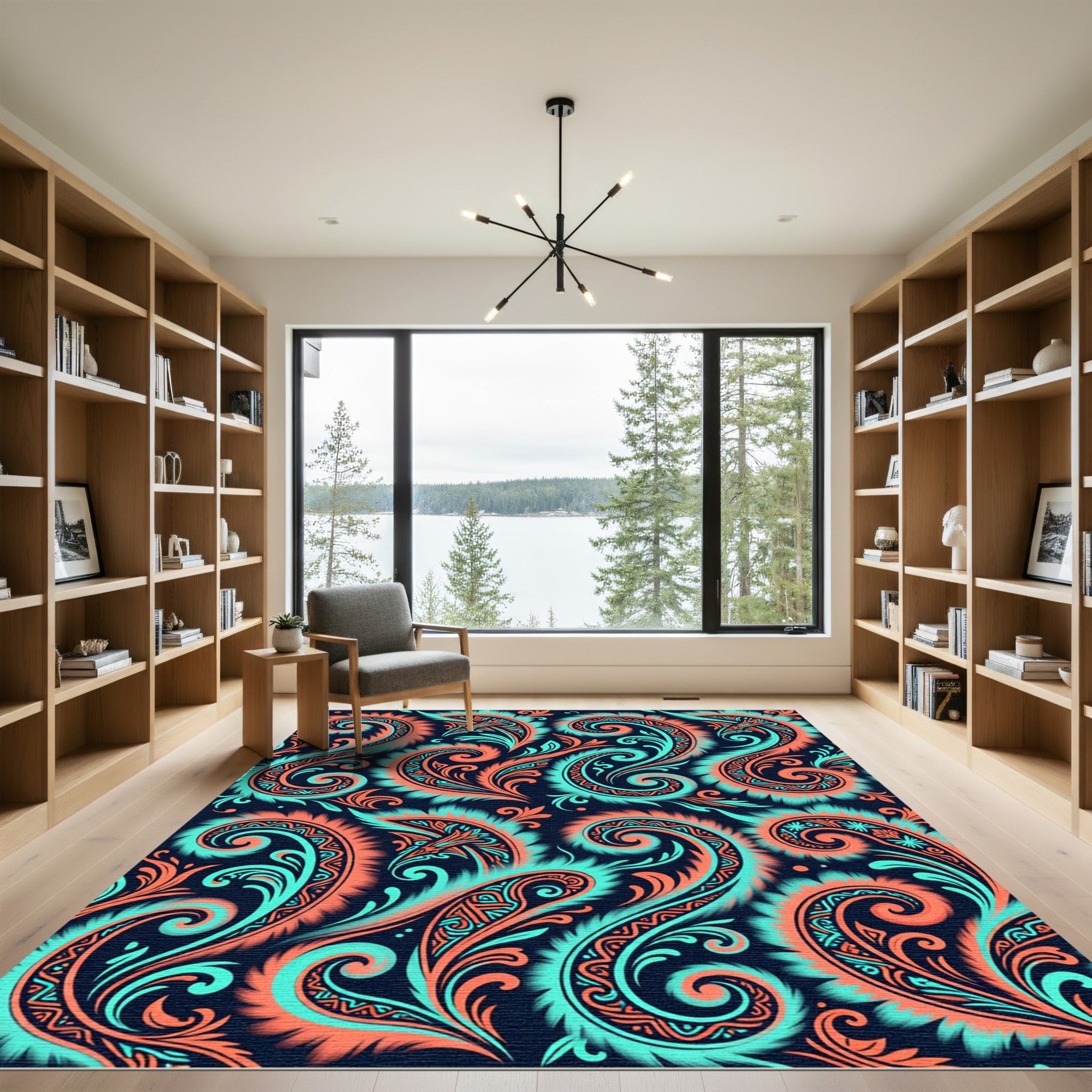 Coral Teal Paisley Swirls Rug