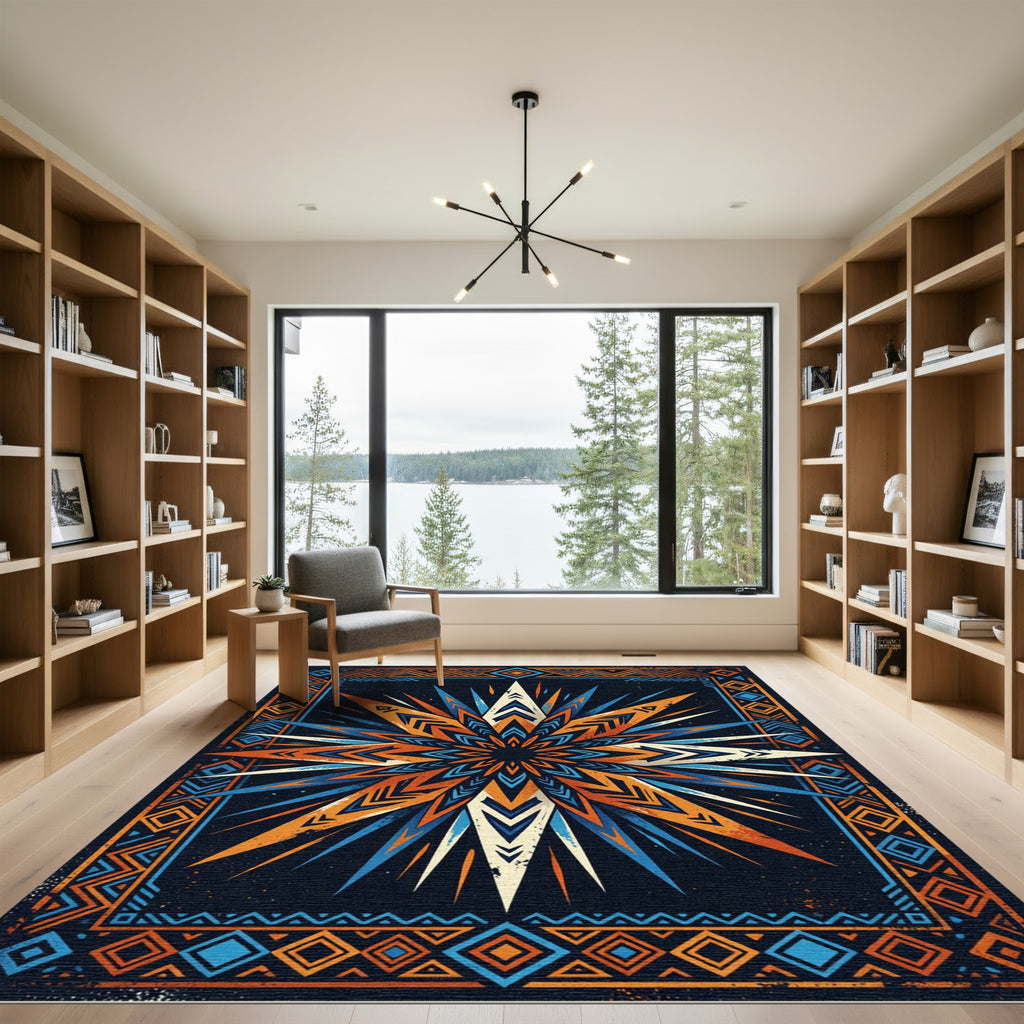 Vibrant Orange Blue Sunburst Border Rug