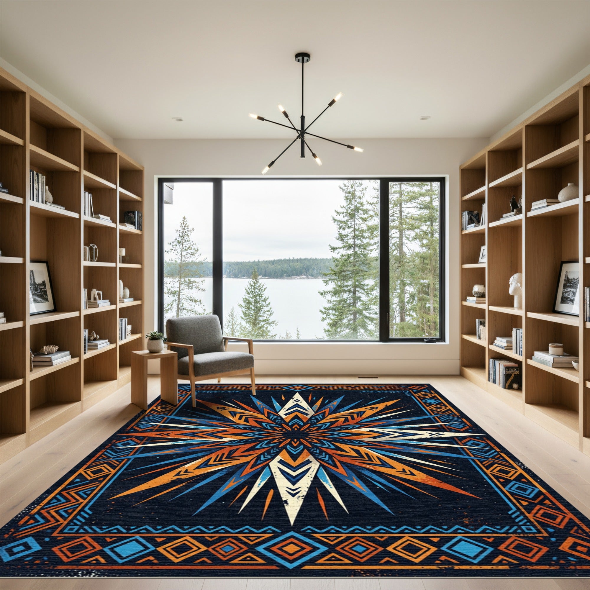 Vibrant Orange Blue Sunburst Border Rug