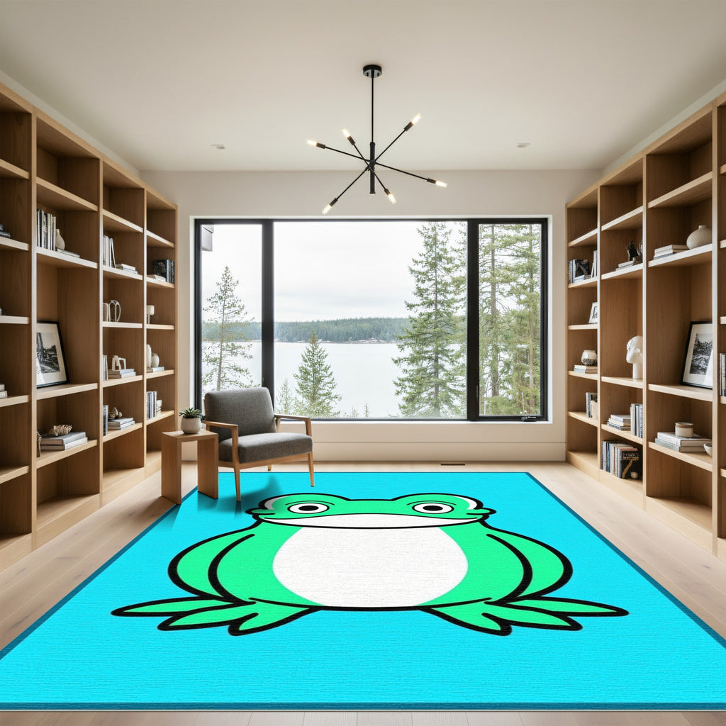 Cute Green Frog Character Illustration Rug