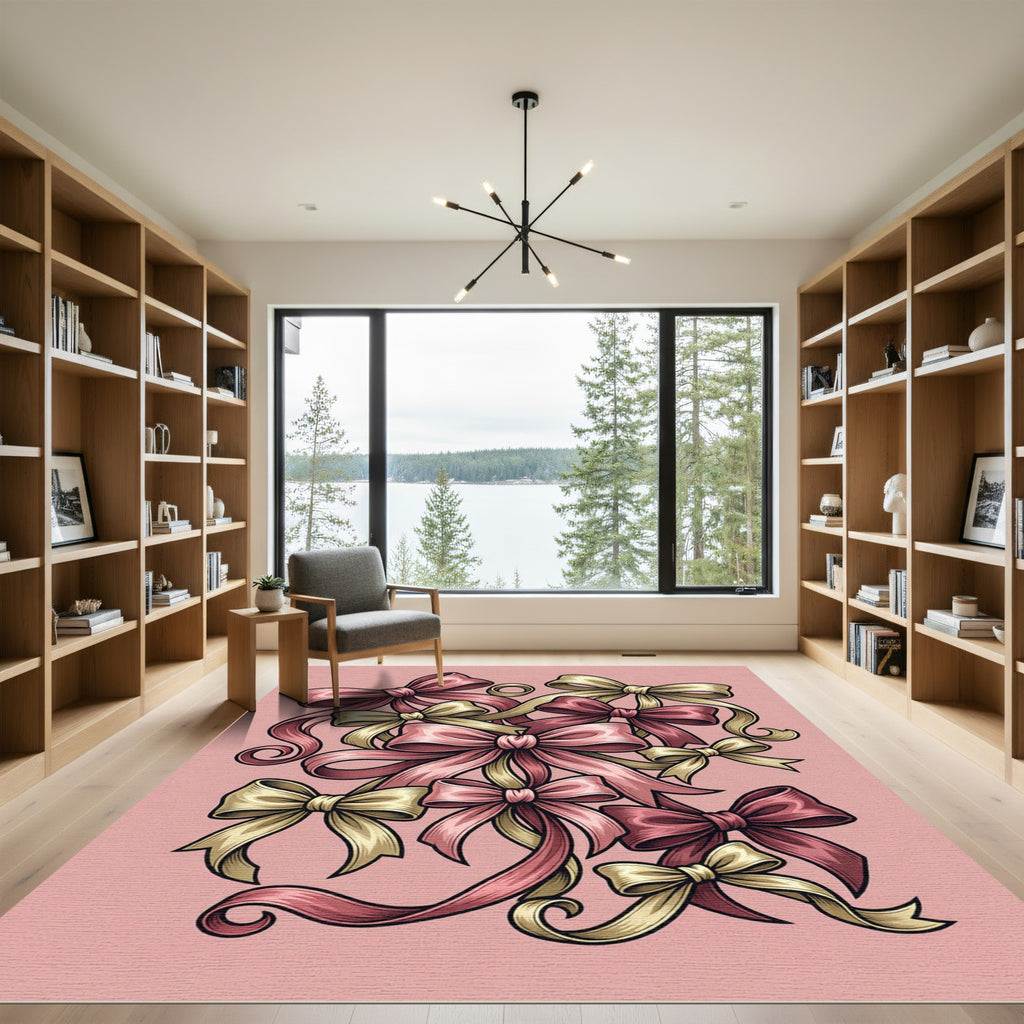 Elegant Pink and Golden Ribbon Bouquet Rug