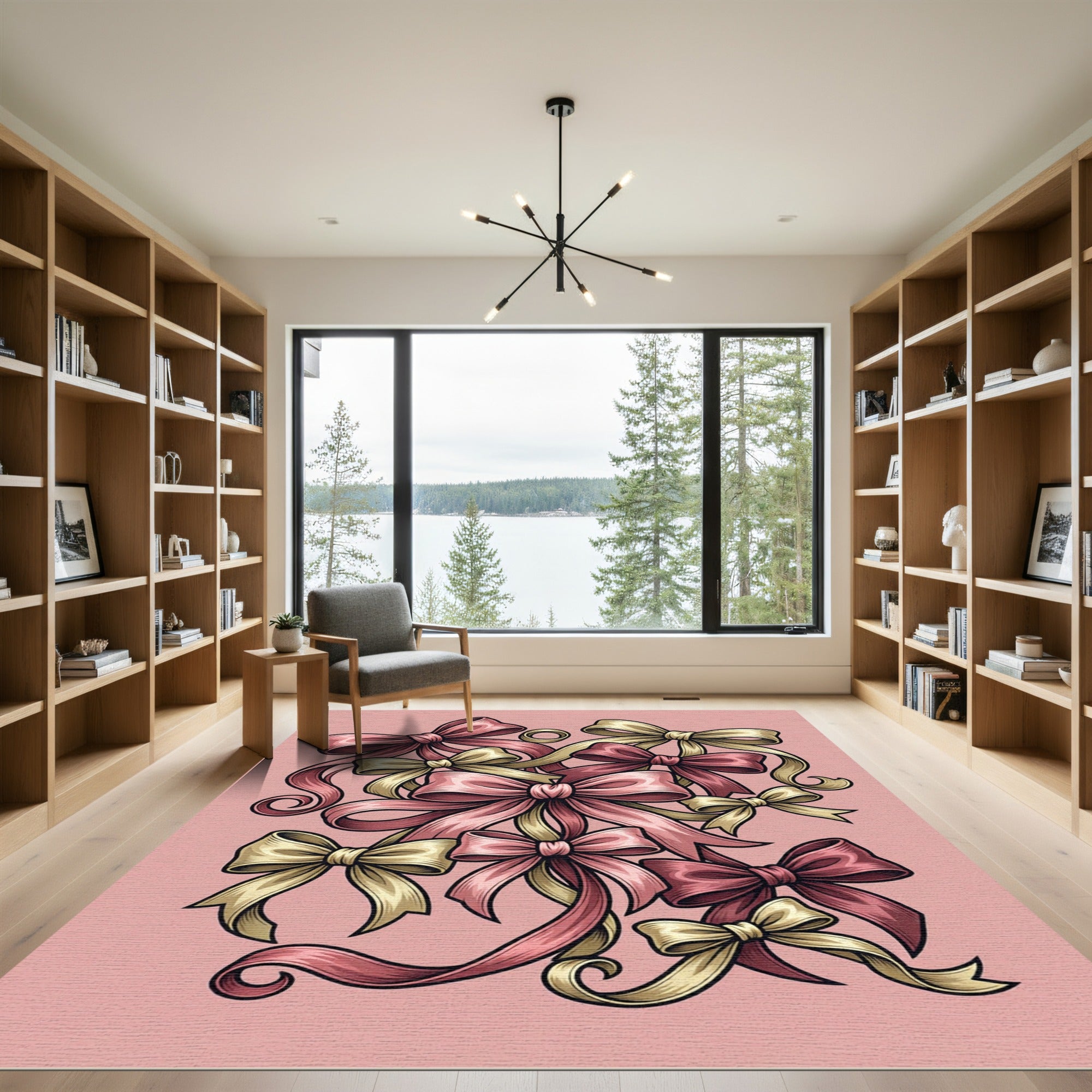 Elegant Pink and Golden Ribbon Bouquet Rug