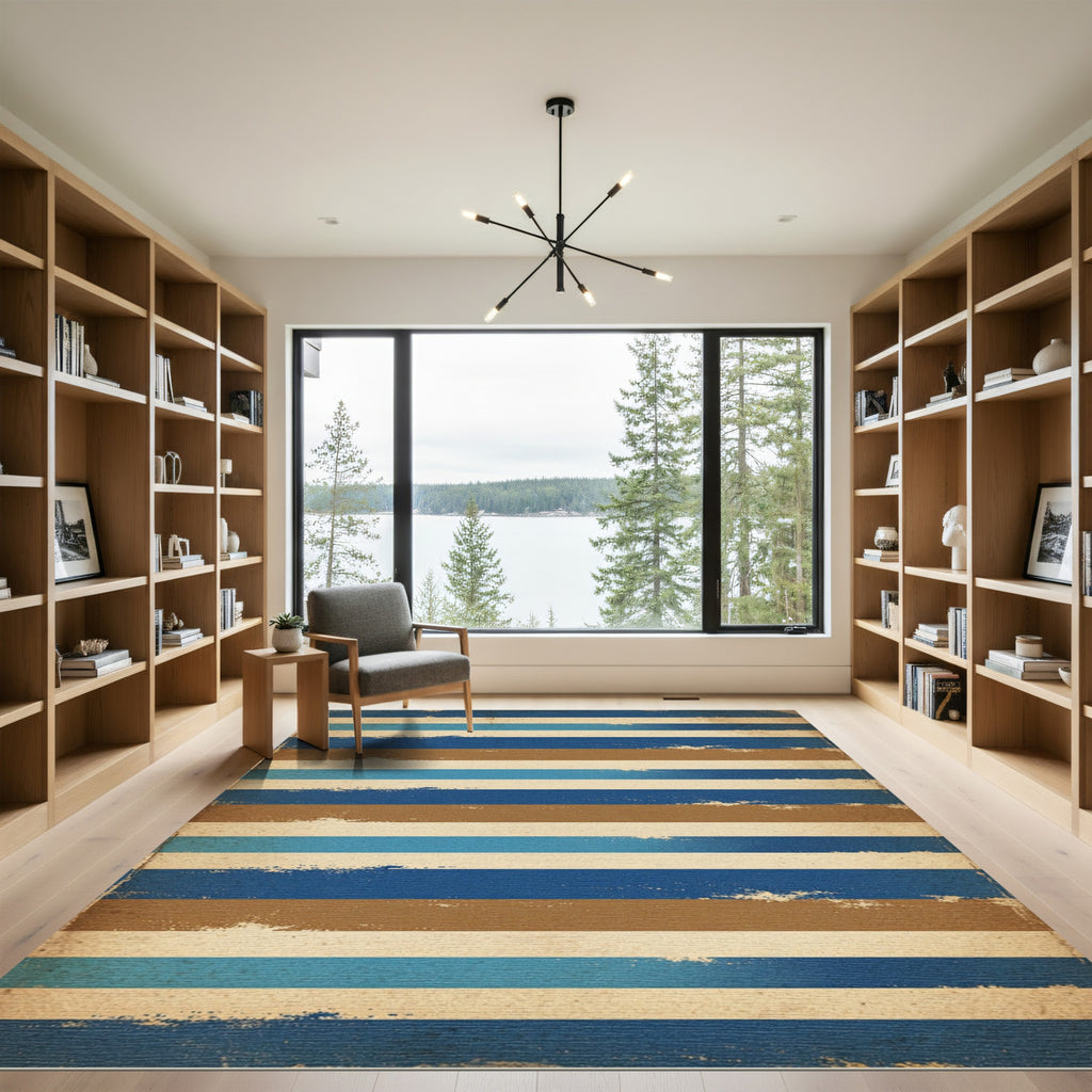 Distressed Blue Brown Stripe Rug