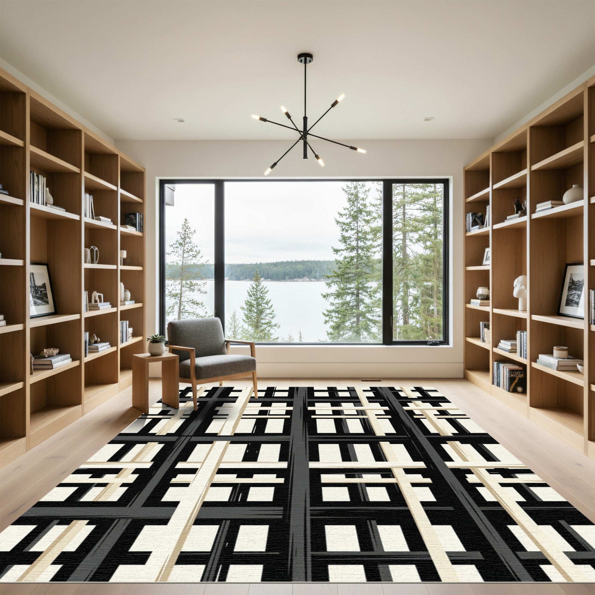 Modern Monochrome Grid Checked Area Rug