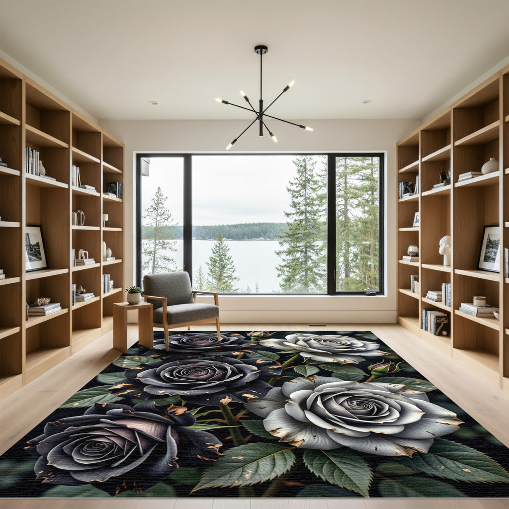 Black and White Rose Blossom Garden Rug
