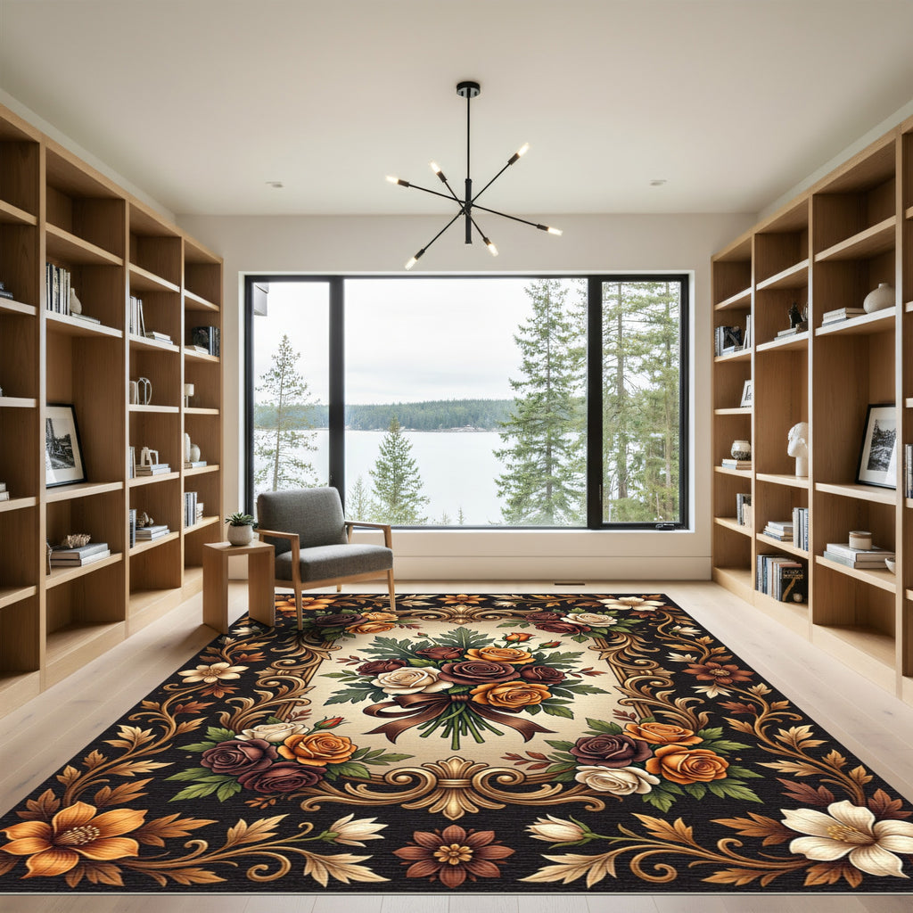 Elegant Baroque Rose Bouquet Ornament Rug