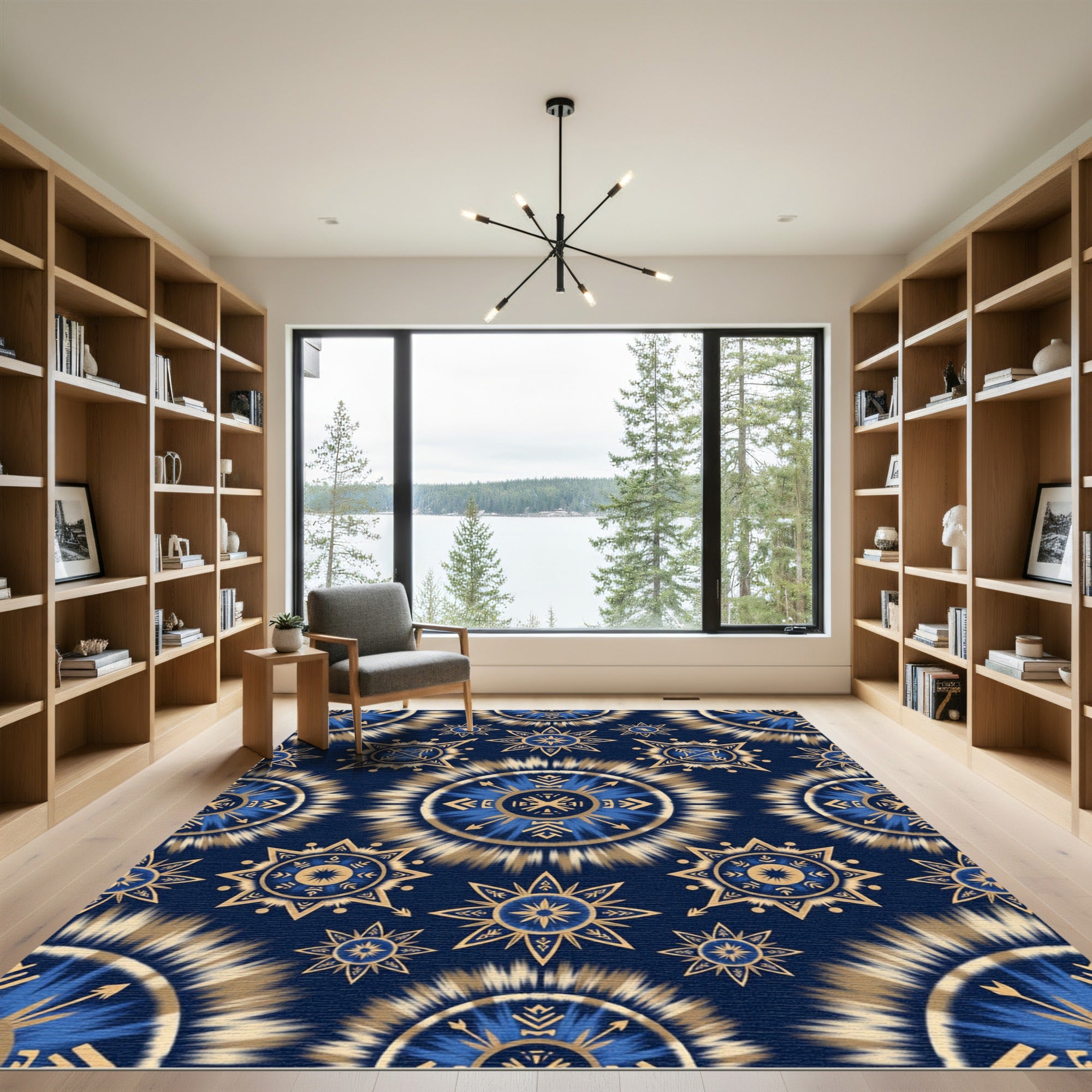 Navy Blue Golden Sunburst Tie Dye Rug
