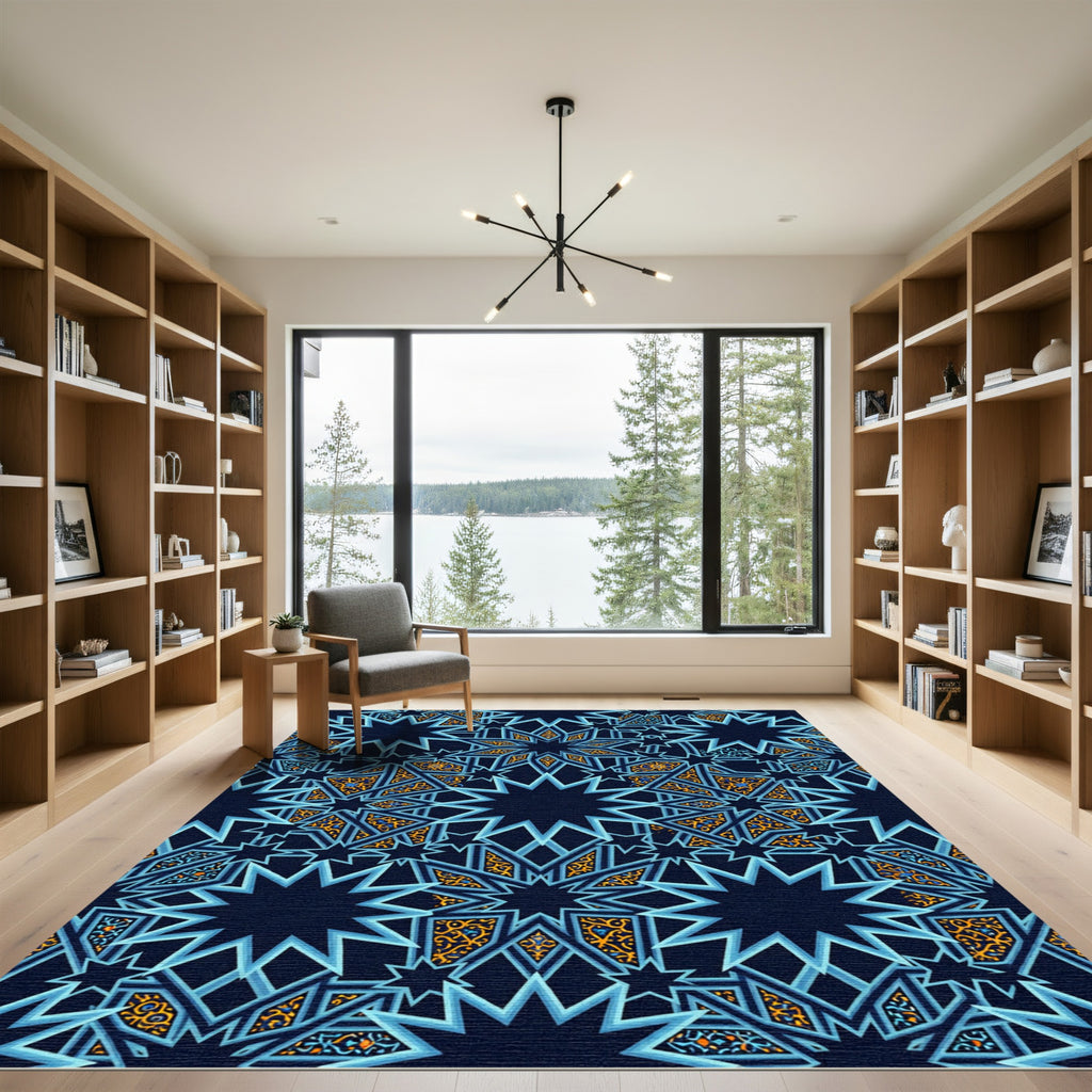 Celestial Navy Blue Geometric Star Lattice Rug