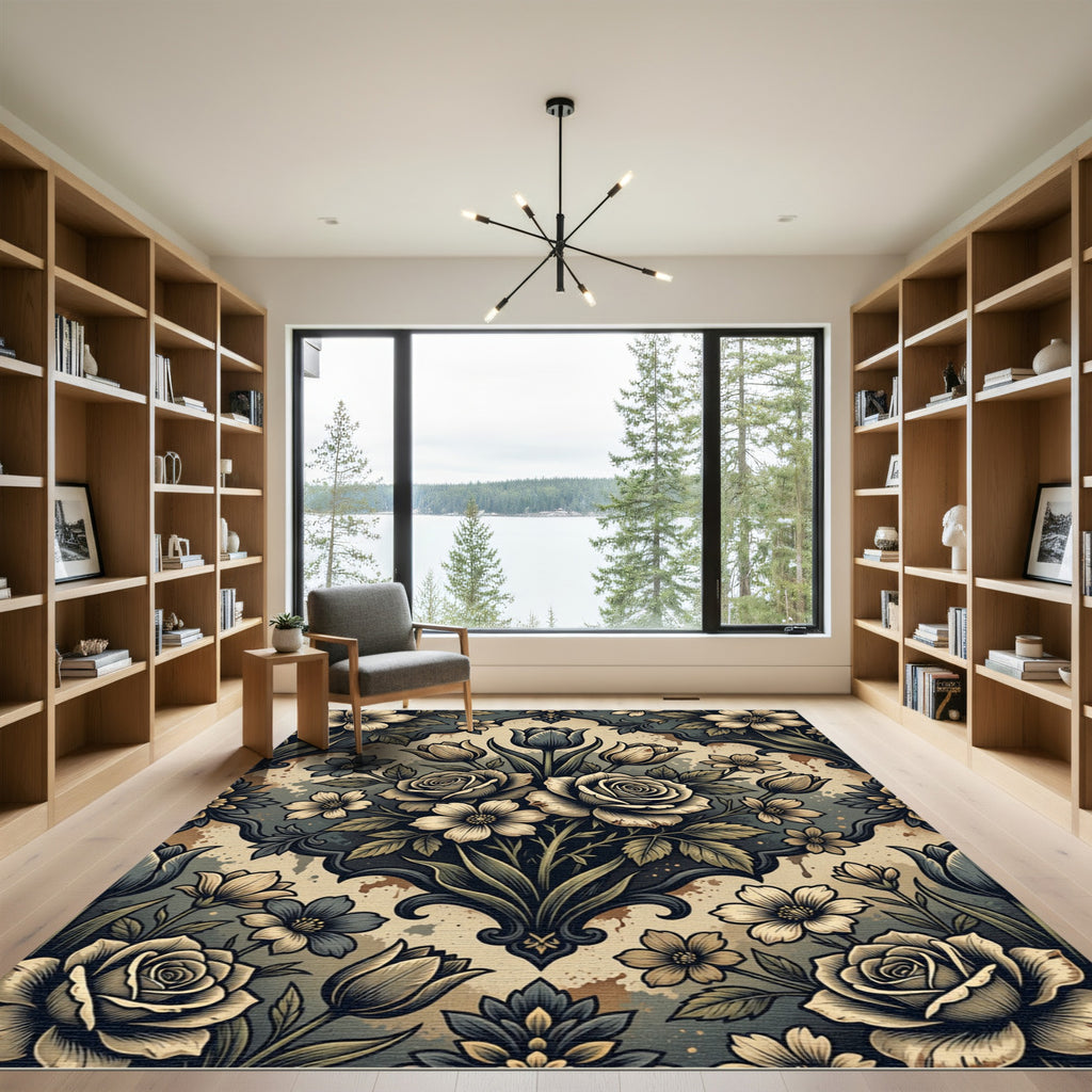 Antique Grey Floral Damask Bouquet Rug