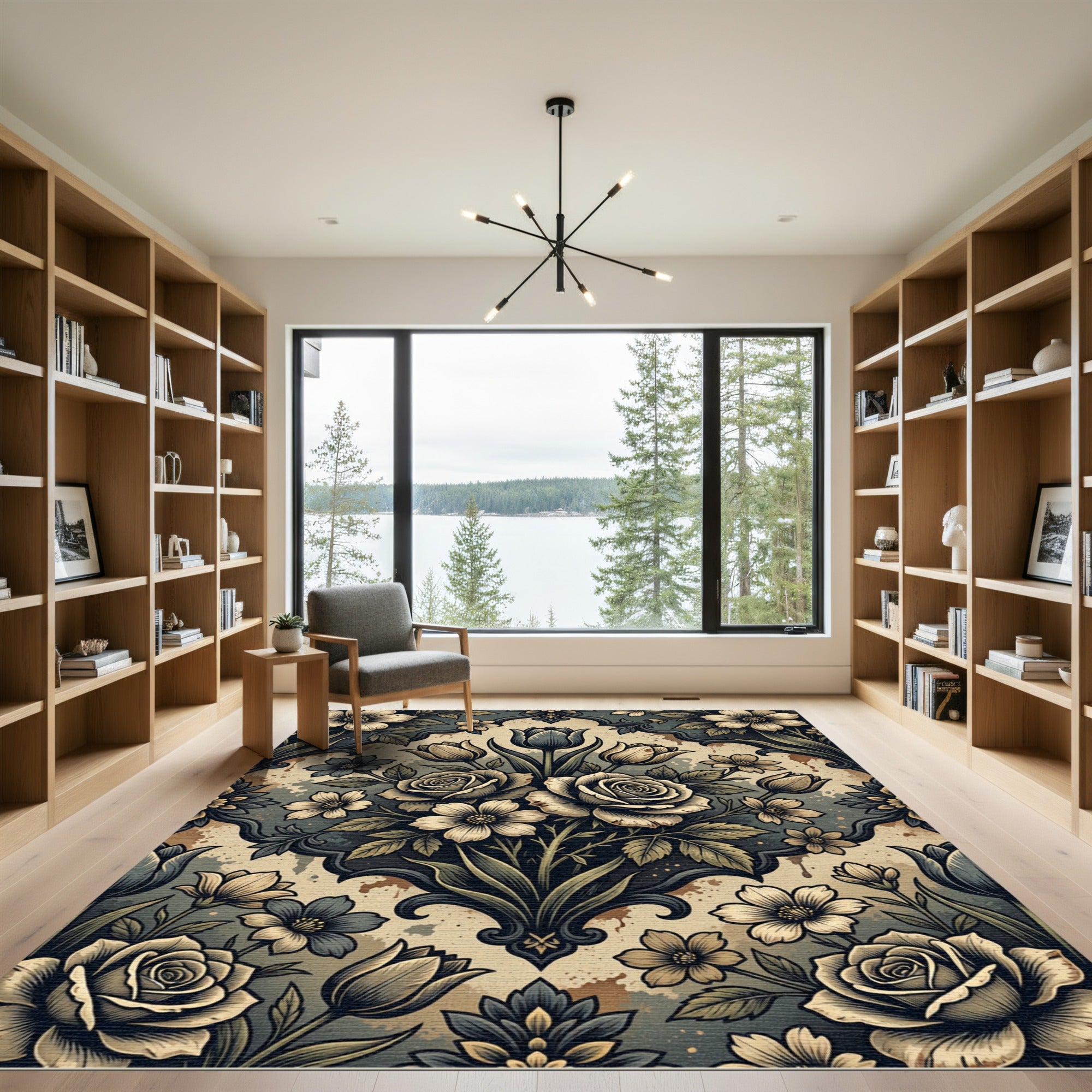 Antique Grey Floral Damask Bouquet Rug