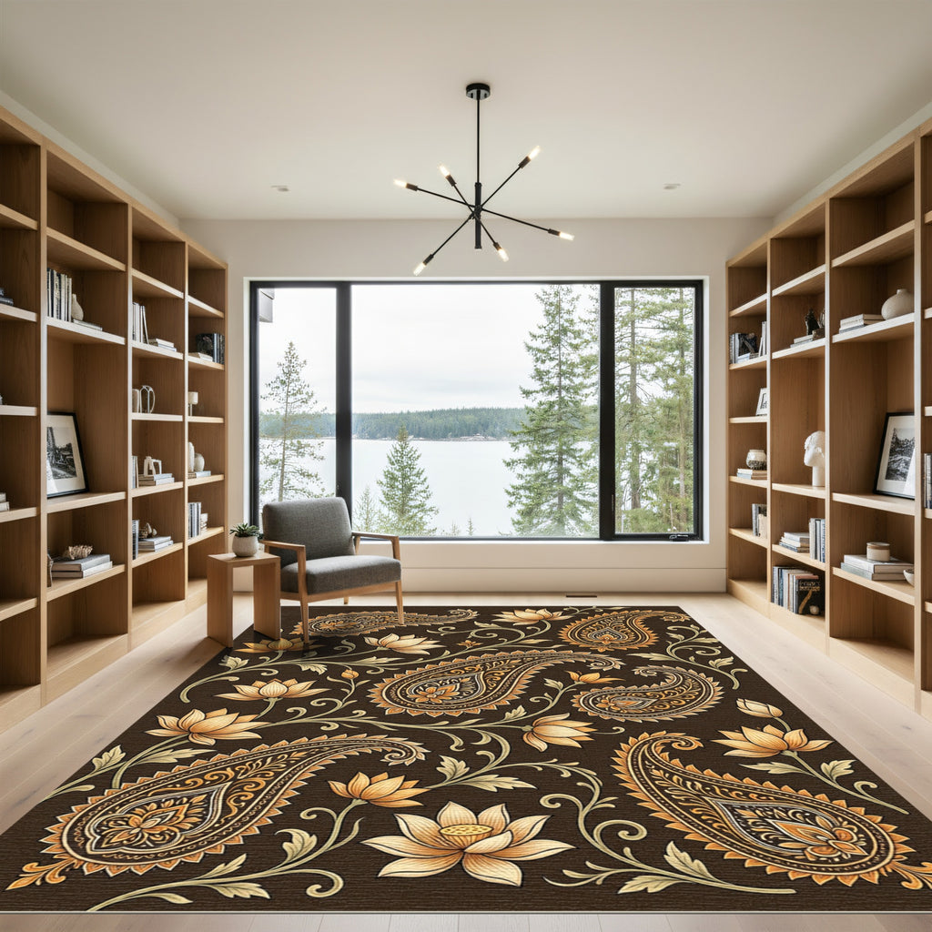 Golden Paisley Lotus Bloom Brown Rug