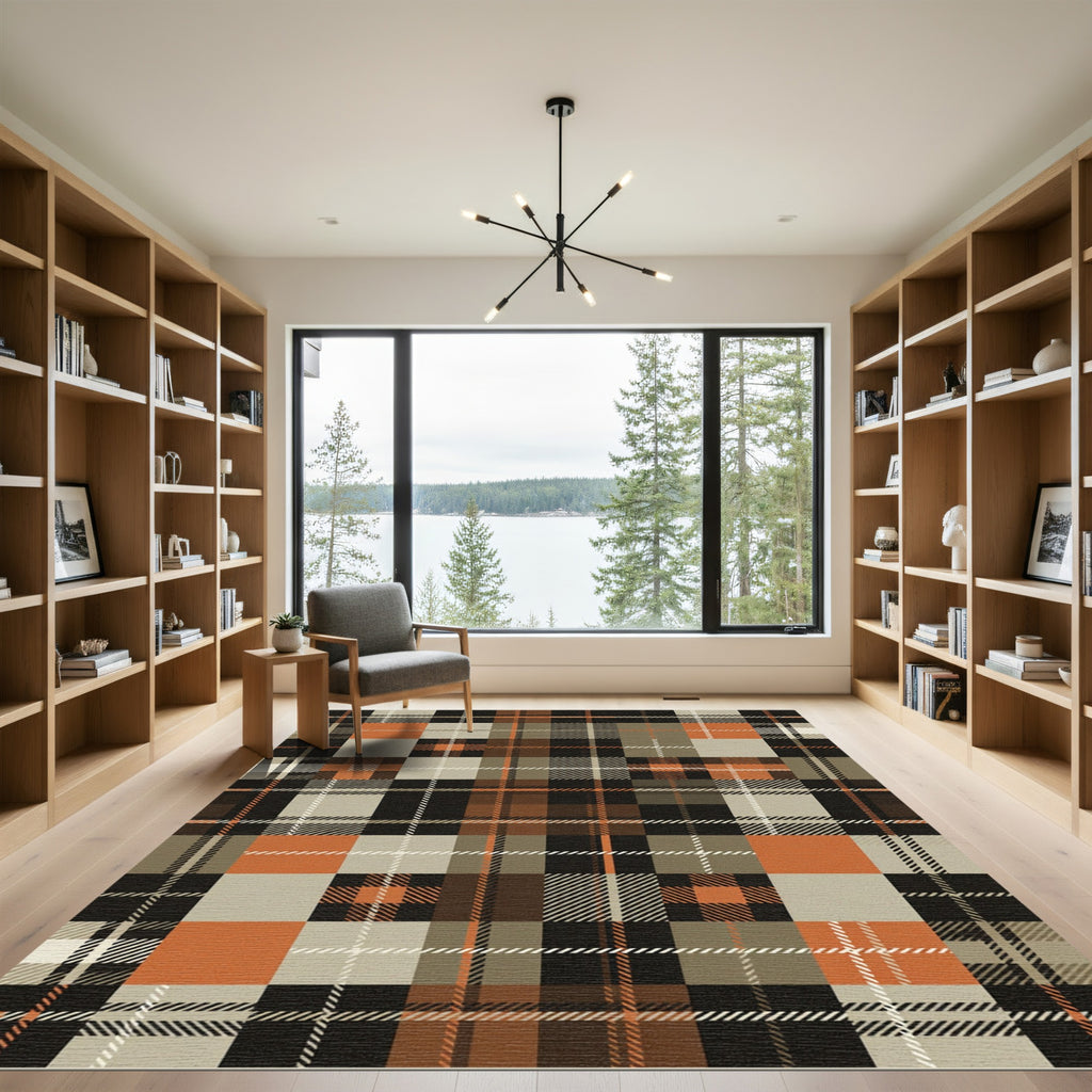 Modern Burnt Orange Brown Plaid Rug