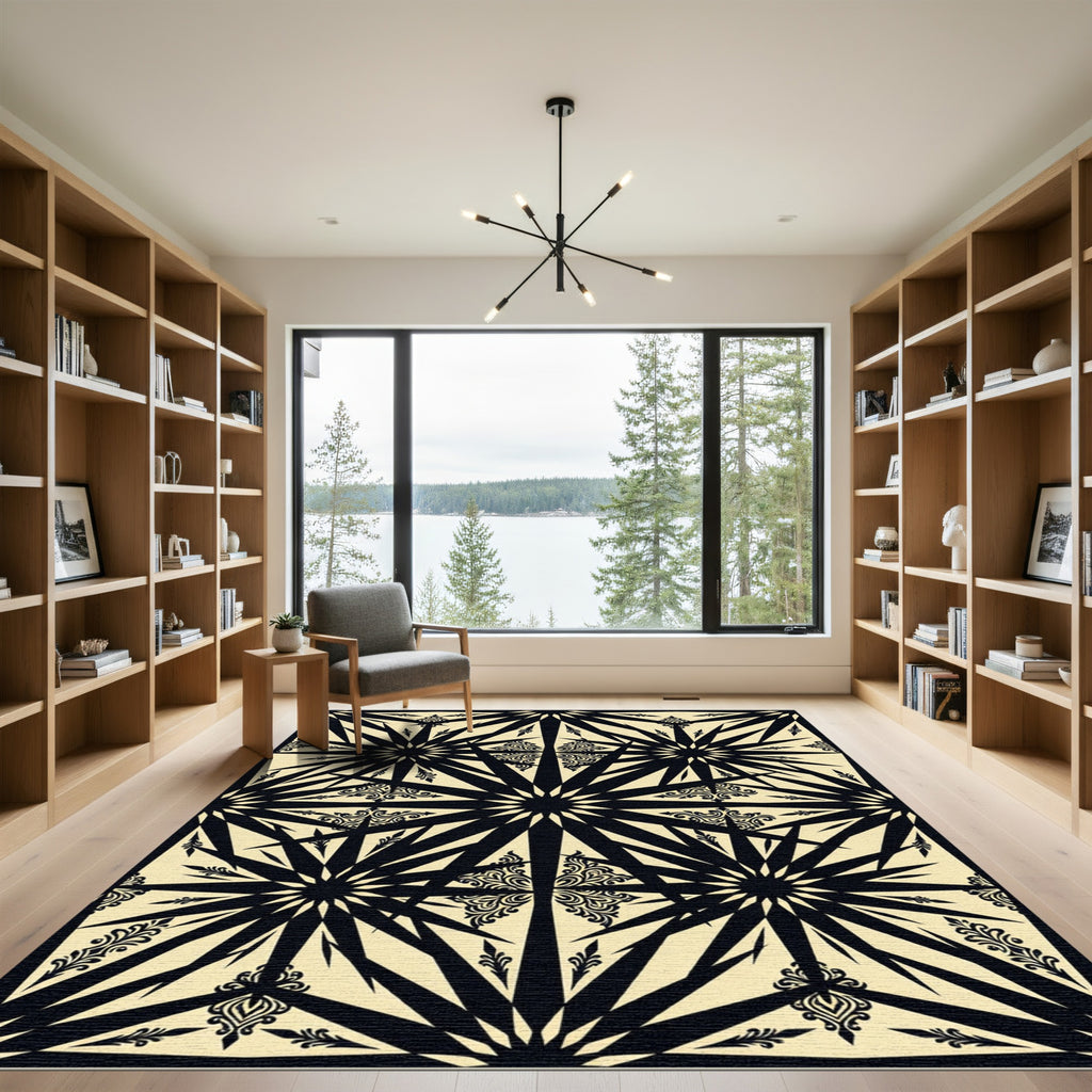 Monochrome Black and Beige Star Medallion Rug