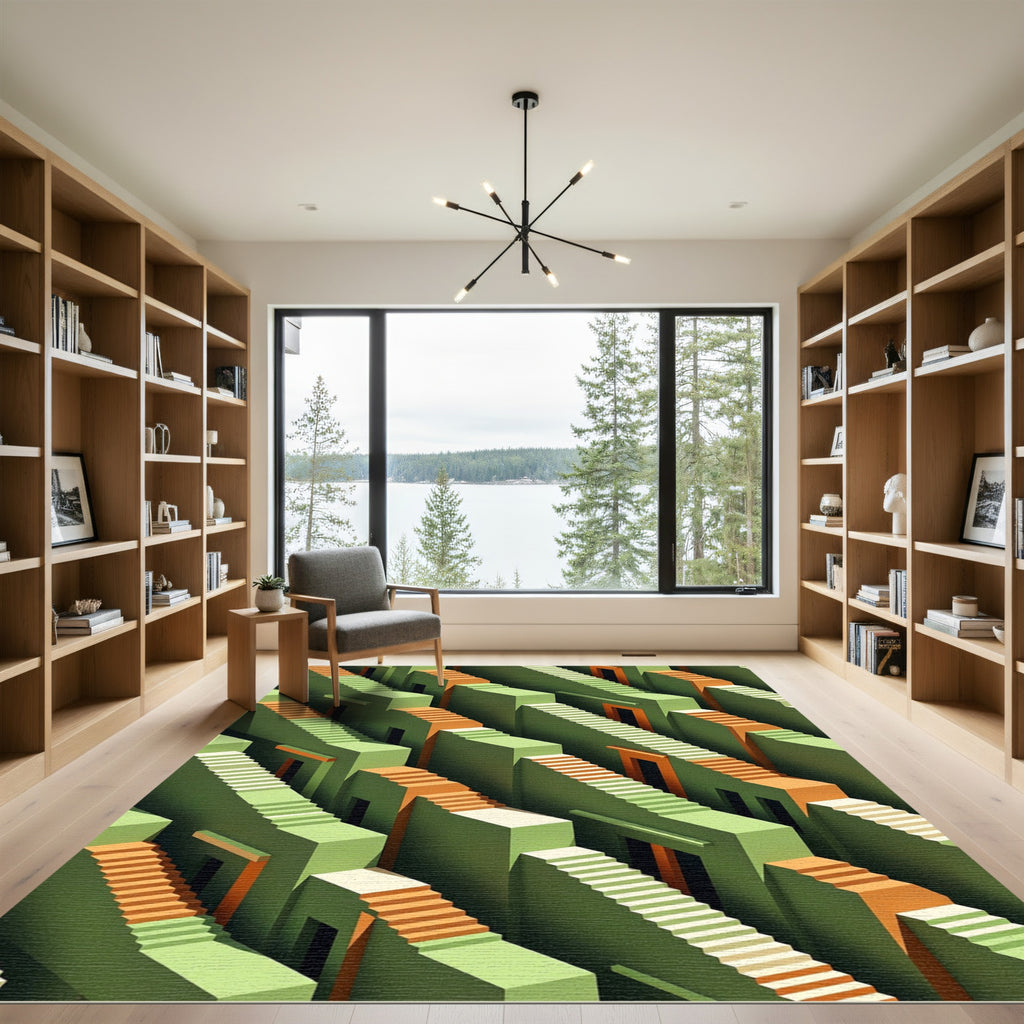 Green Orange Abstract Staircase Arrangement Rug