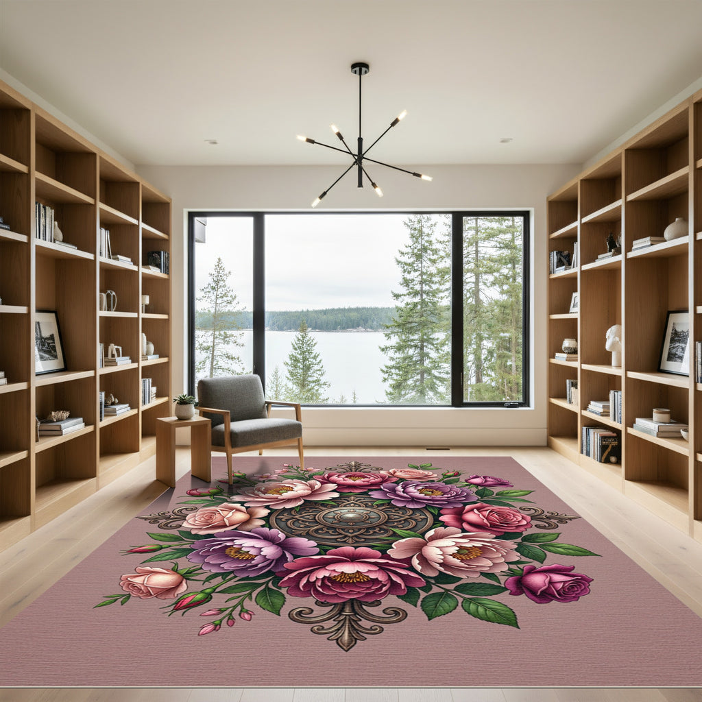 Elegant Floral Medallion Pink Rose Bouquet Rug