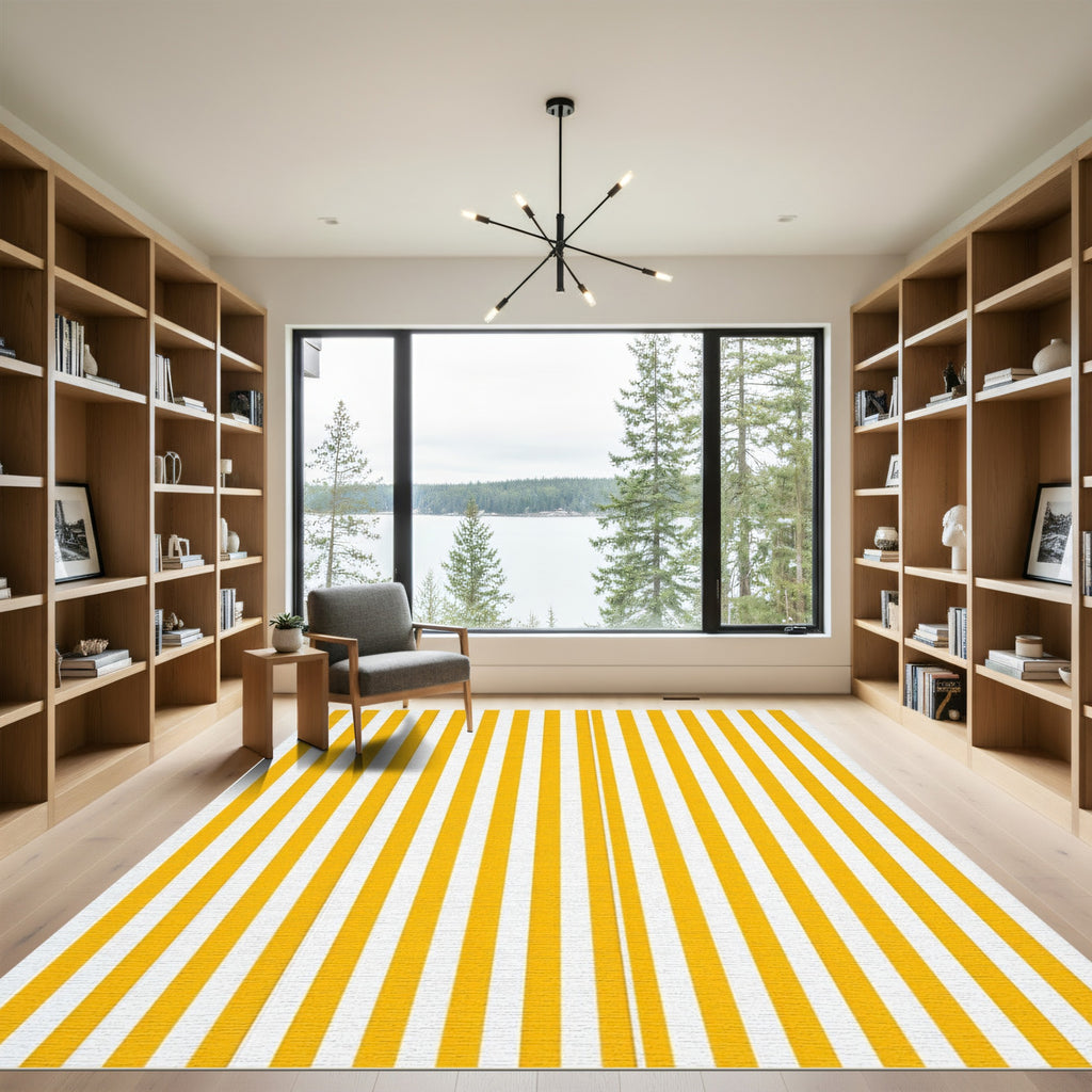 Minimalist Yellow and White Linear Stripe Rug