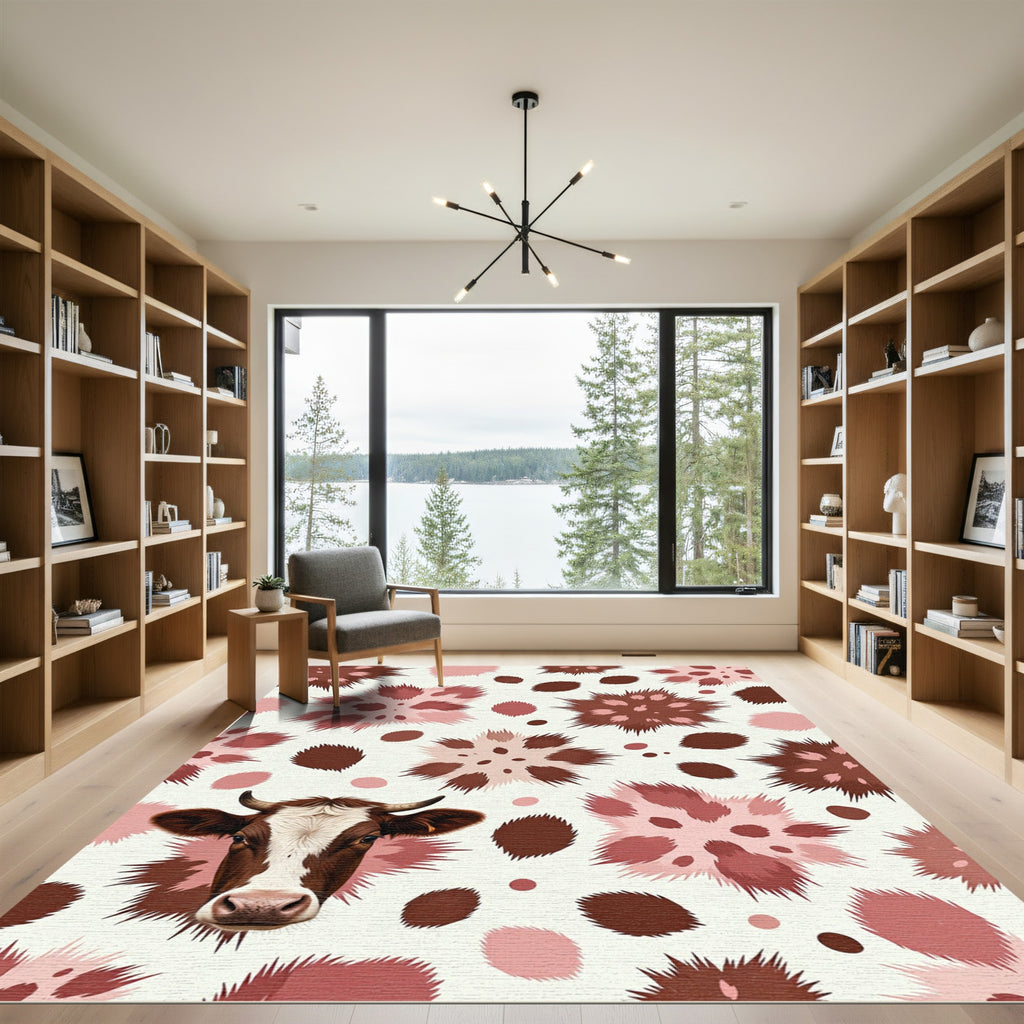 Brown White Cow Whimsical Floral Rug