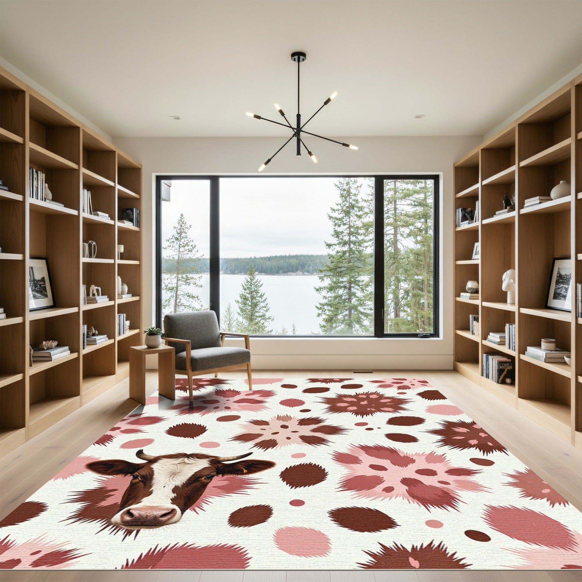 Brown White Cow Whimsical Floral Rug