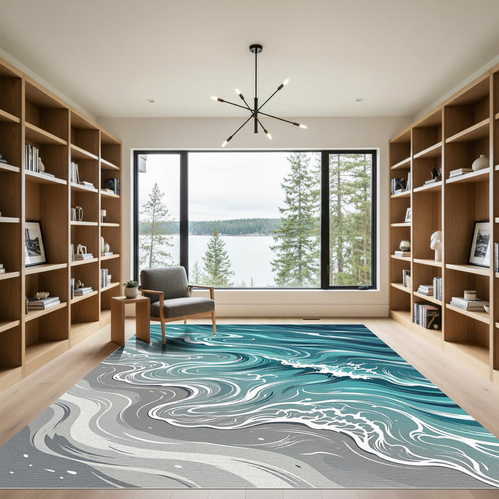 Abstract Teal Ocean Wave Flow Rug