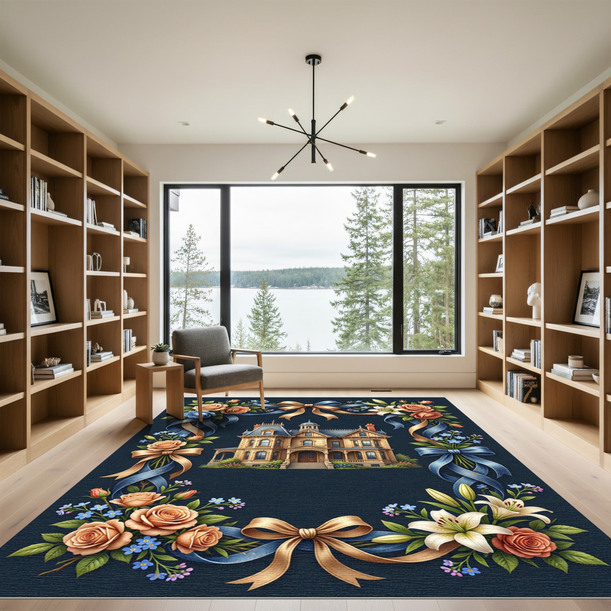 Elegant Victorian Estate Floral Ribbon Border Rug