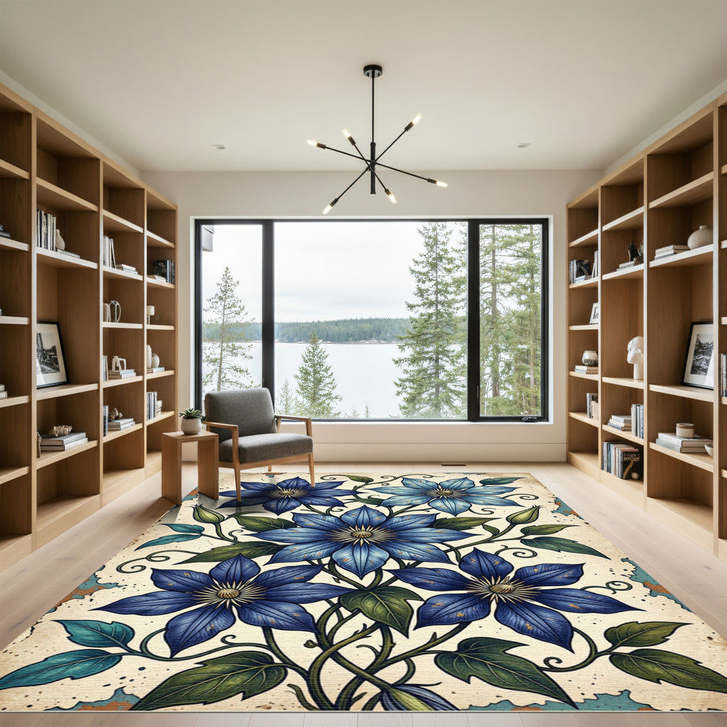 Antique Blue Clematis Floral Botanical Illustration Rug