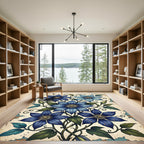 Antique Blue Clematis Floral Botanical Illustration Rug