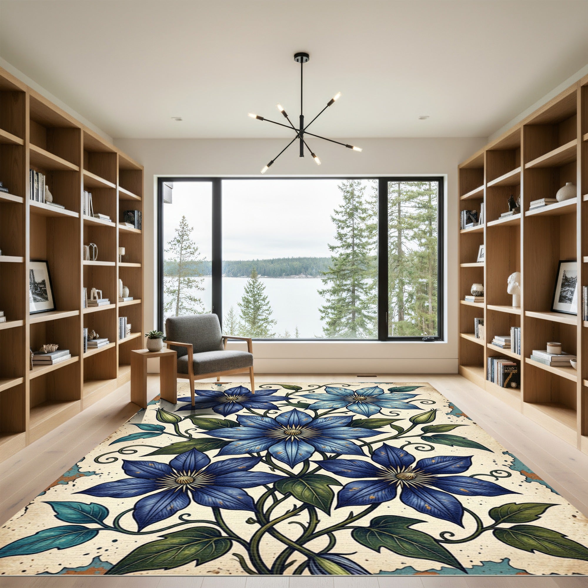 Antique Blue Clematis Floral Botanical Illustration Rug