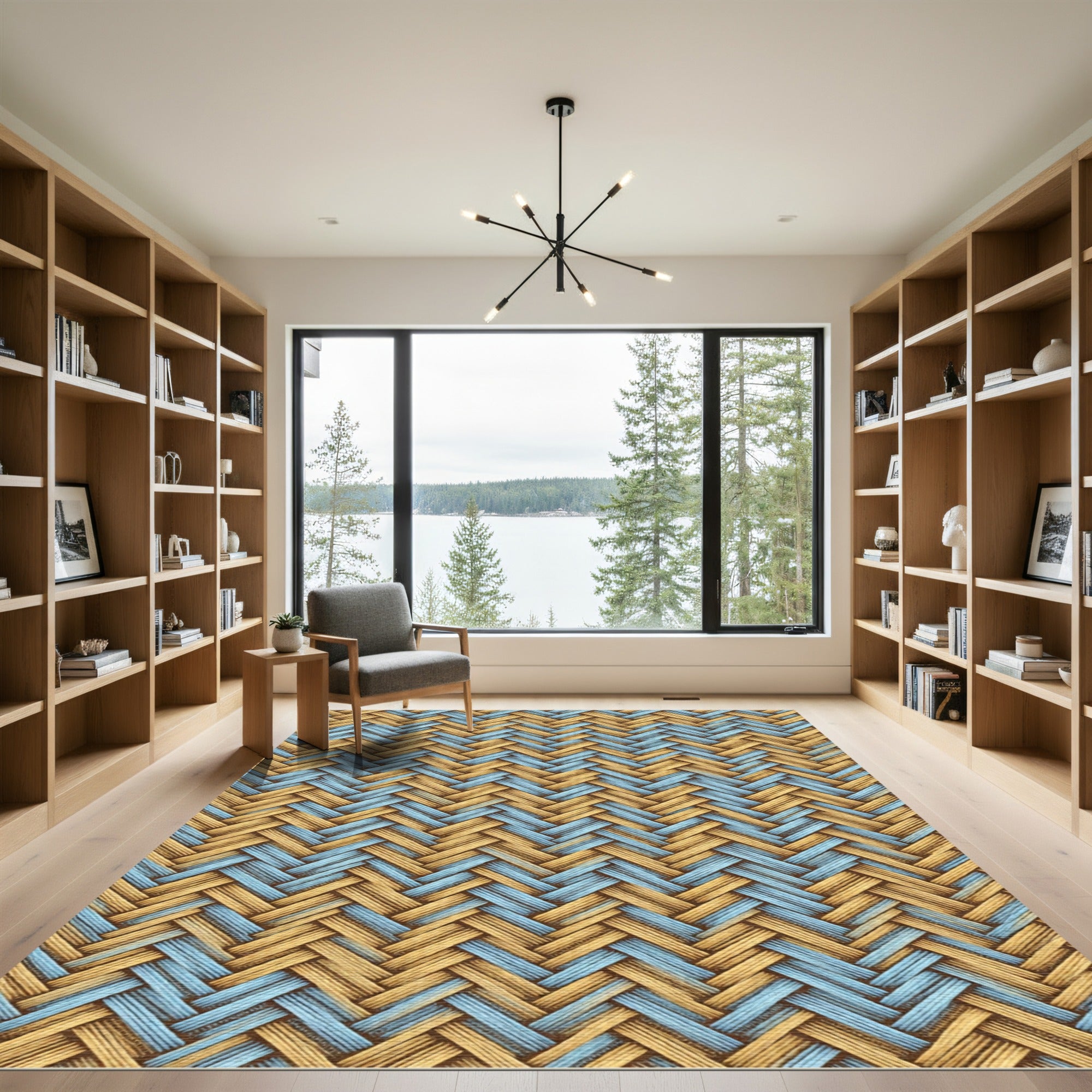 Tan Blue Herringbone Woven Rug