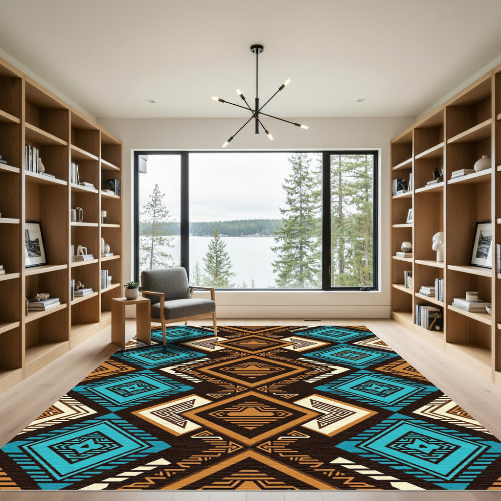Bold Teal and Ochre Geometric Diamond Rug