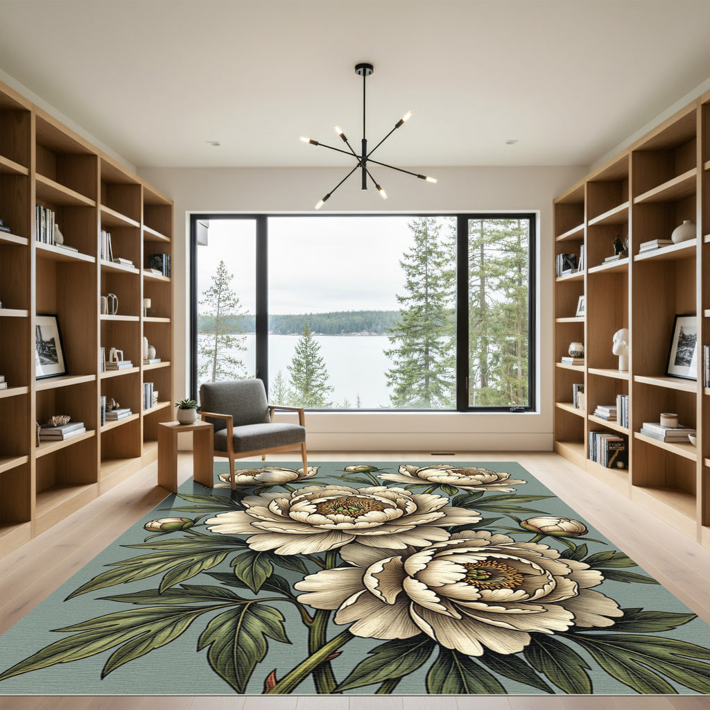 Sage Green Peony Botanical Illustration Rug