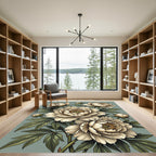 Sage Green Peony Botanical Illustration Rug