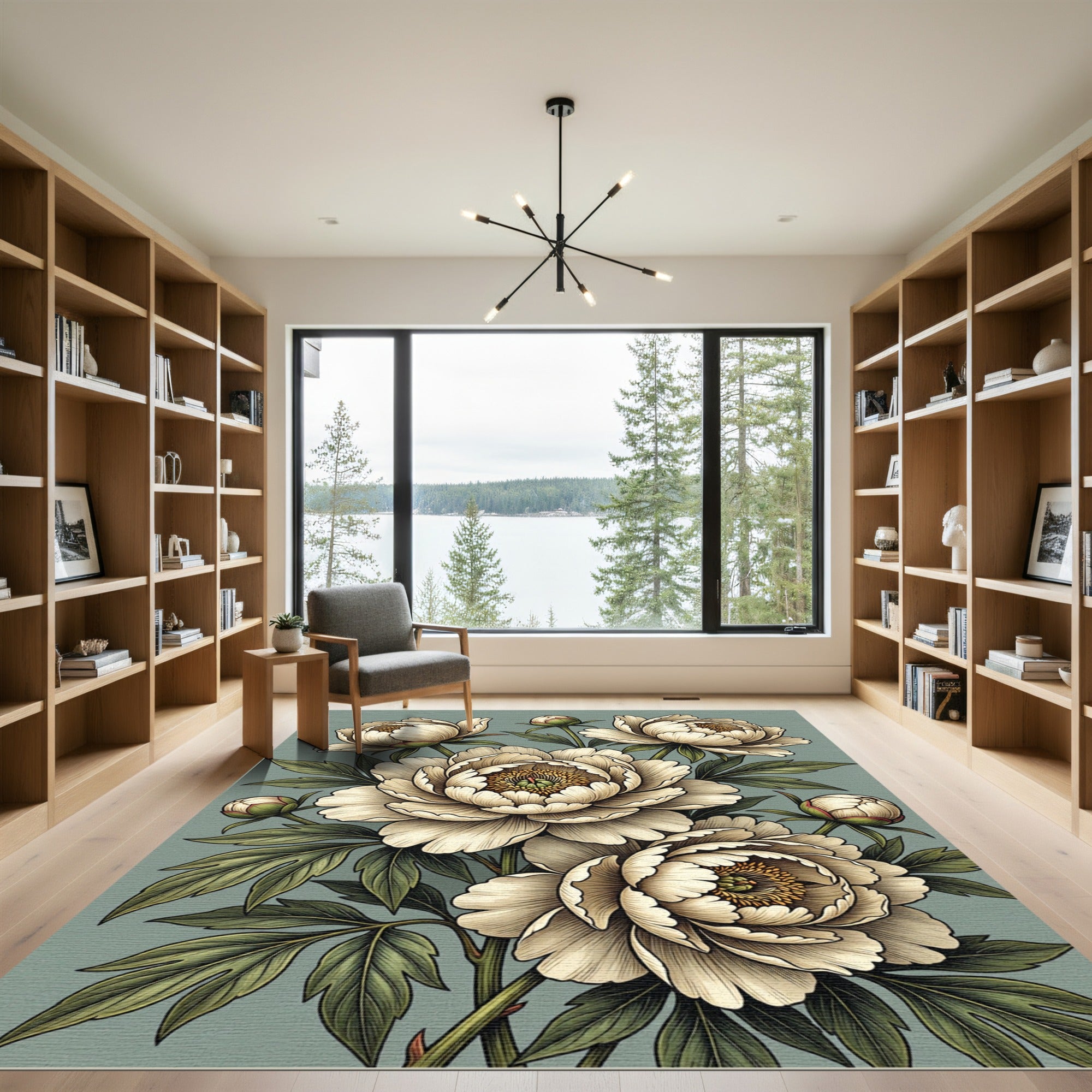 Sage Green Peony Botanical Illustration Rug