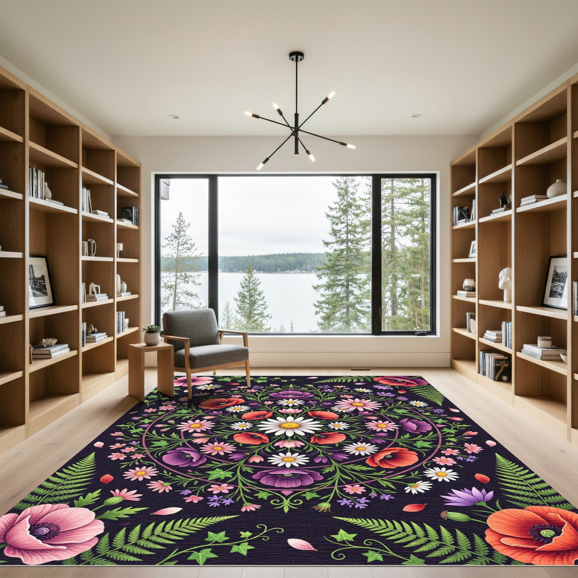 Vibrant Floral Mandala Dark Botanical Rug
