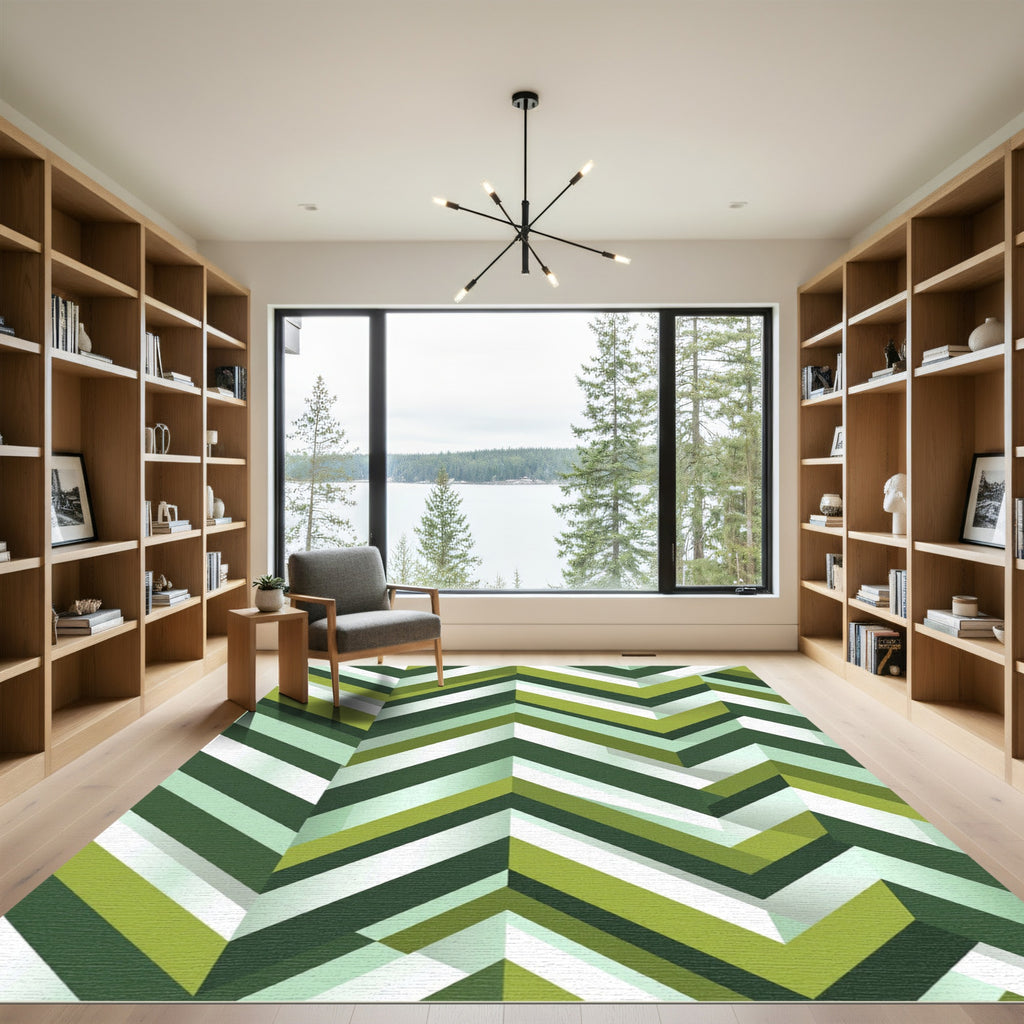 Green Tonal Chevron Angled Lines Rug