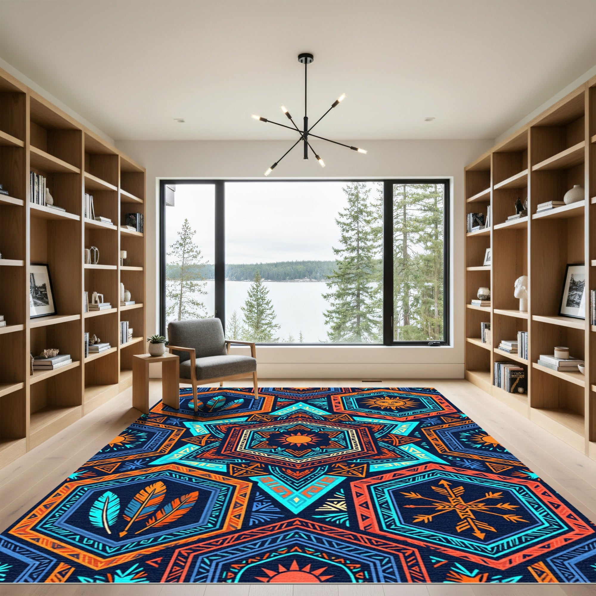 Vibrant Geometric Solar Hexagon Boho Art Rug