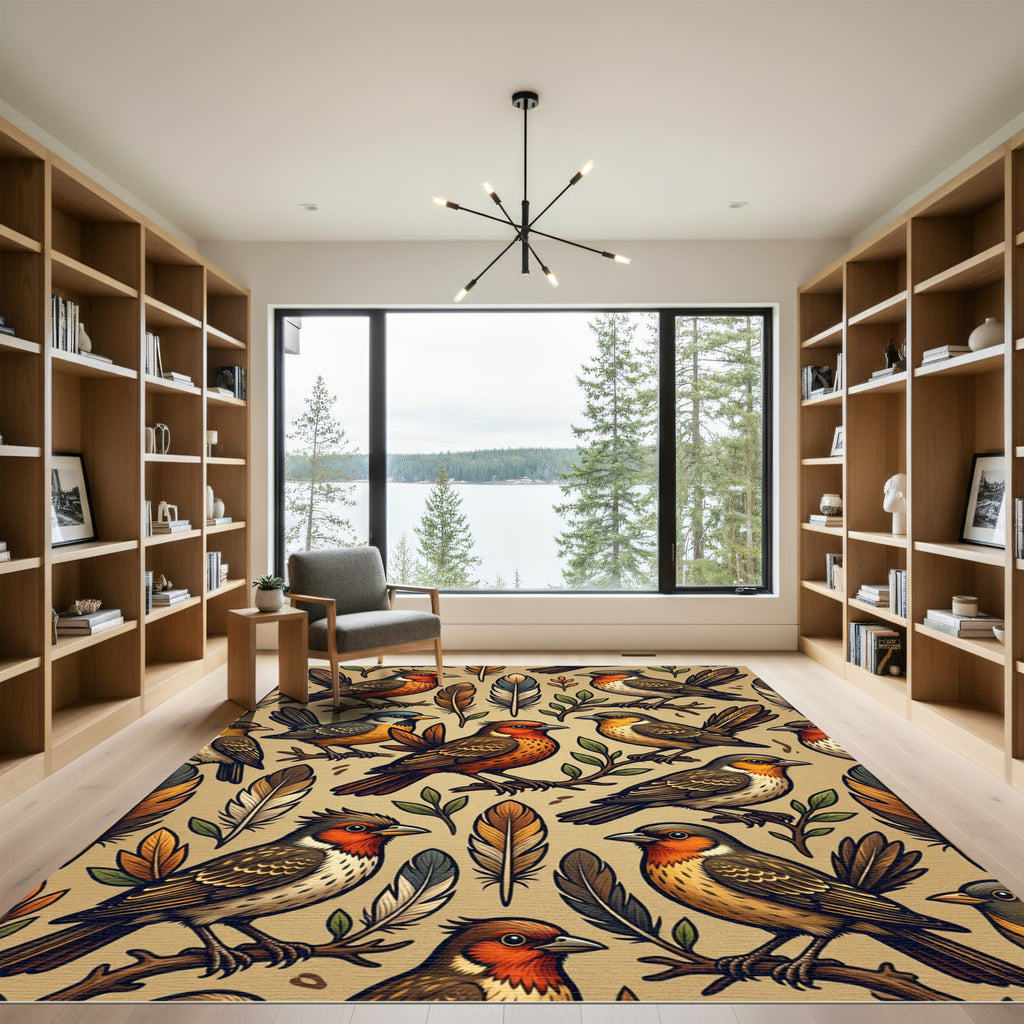 Autumn Songbird Feathers Earthy Woodland Rug