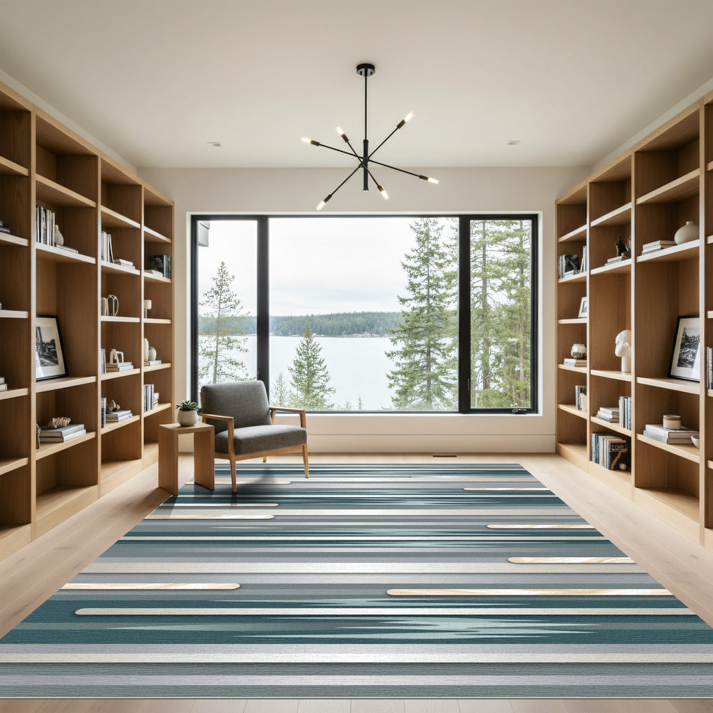 Modern Teal and Silver Linear Abstract Rug
