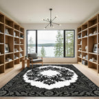 Ornate Black and White Floral Scroll Rug