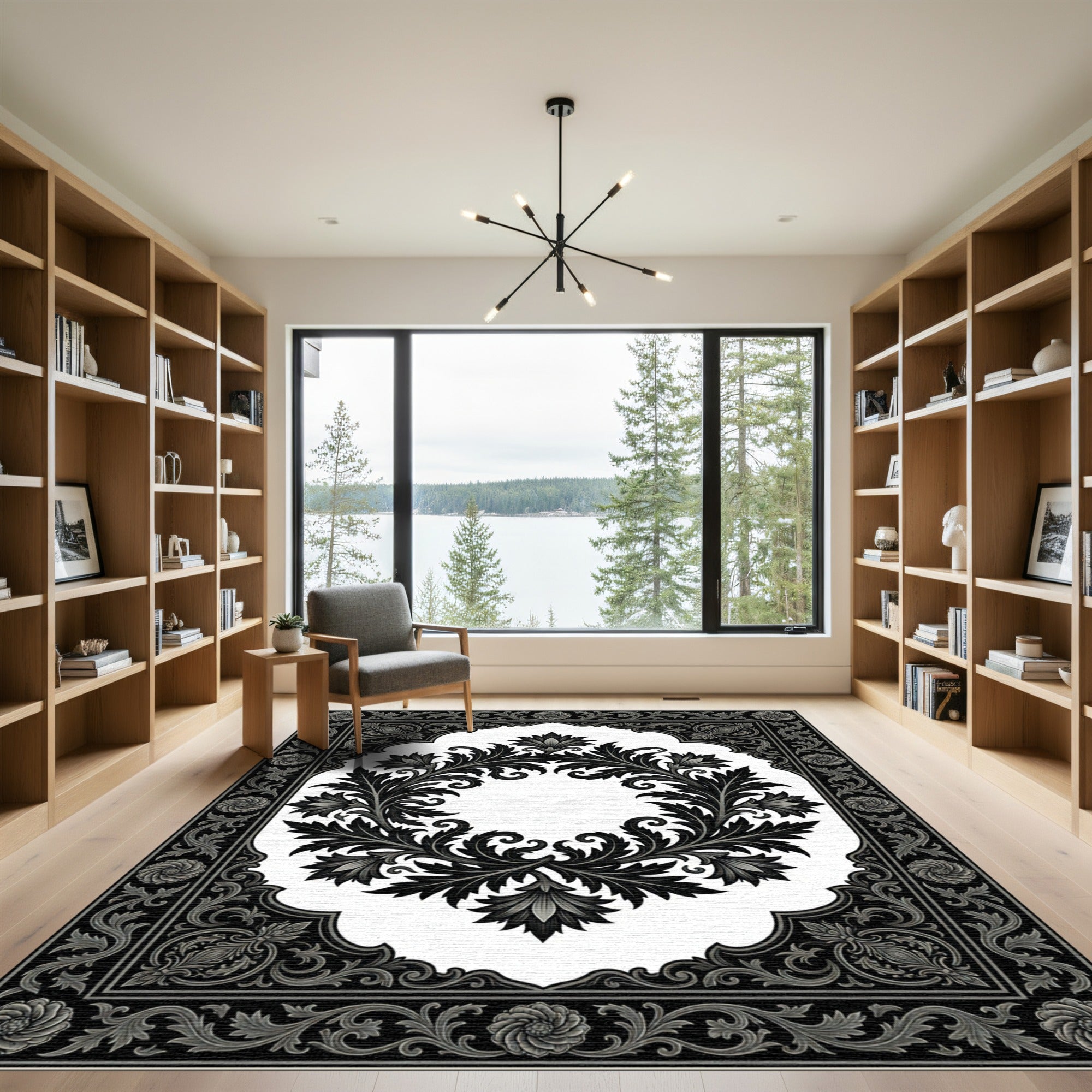 Ornate Black and White Floral Scroll Rug