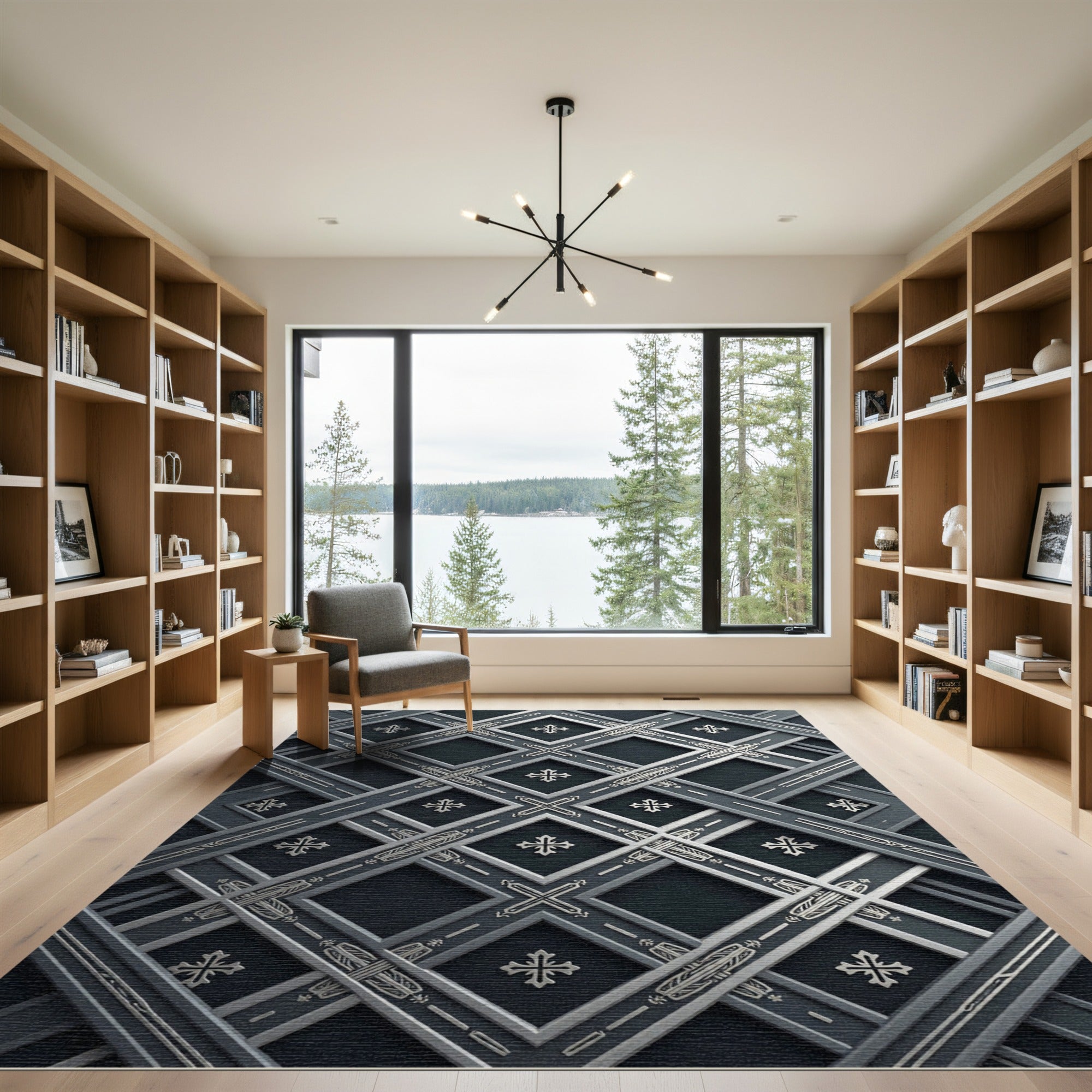 Elegant Silver Geometric Lattice Rug