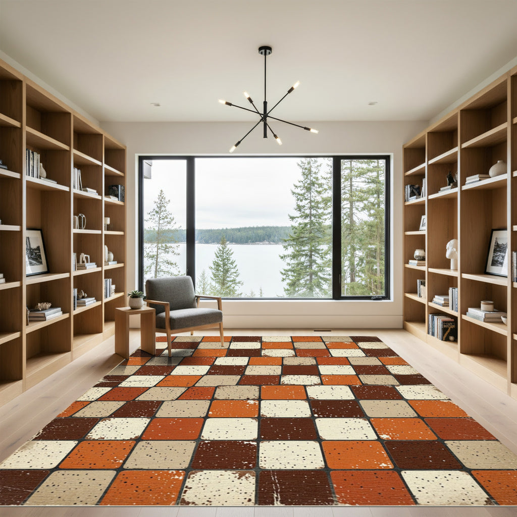 Retro Earth Tone Speckled Square Tile Rug