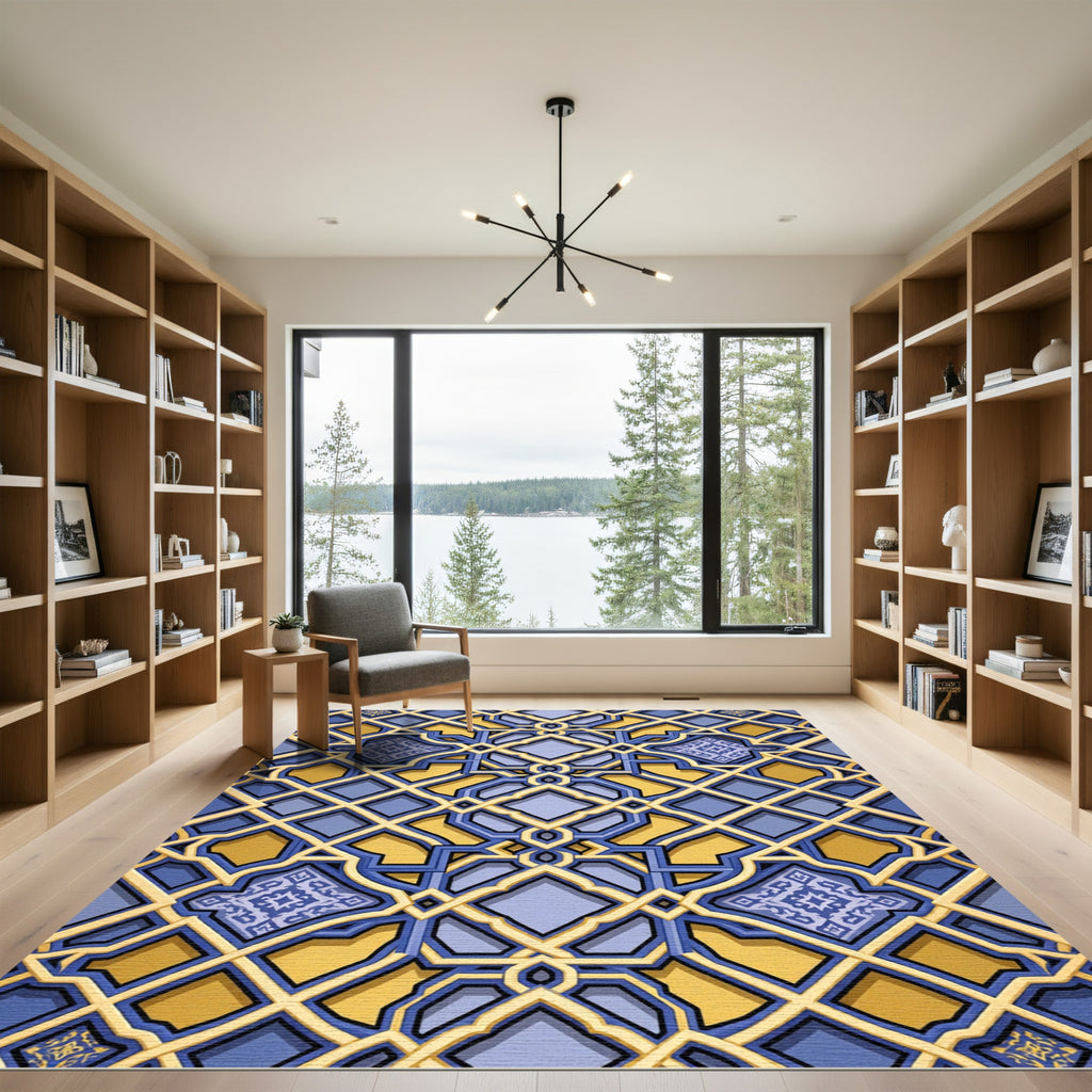 Golden Azure Geometric Lattice Interlocking Tile Rug