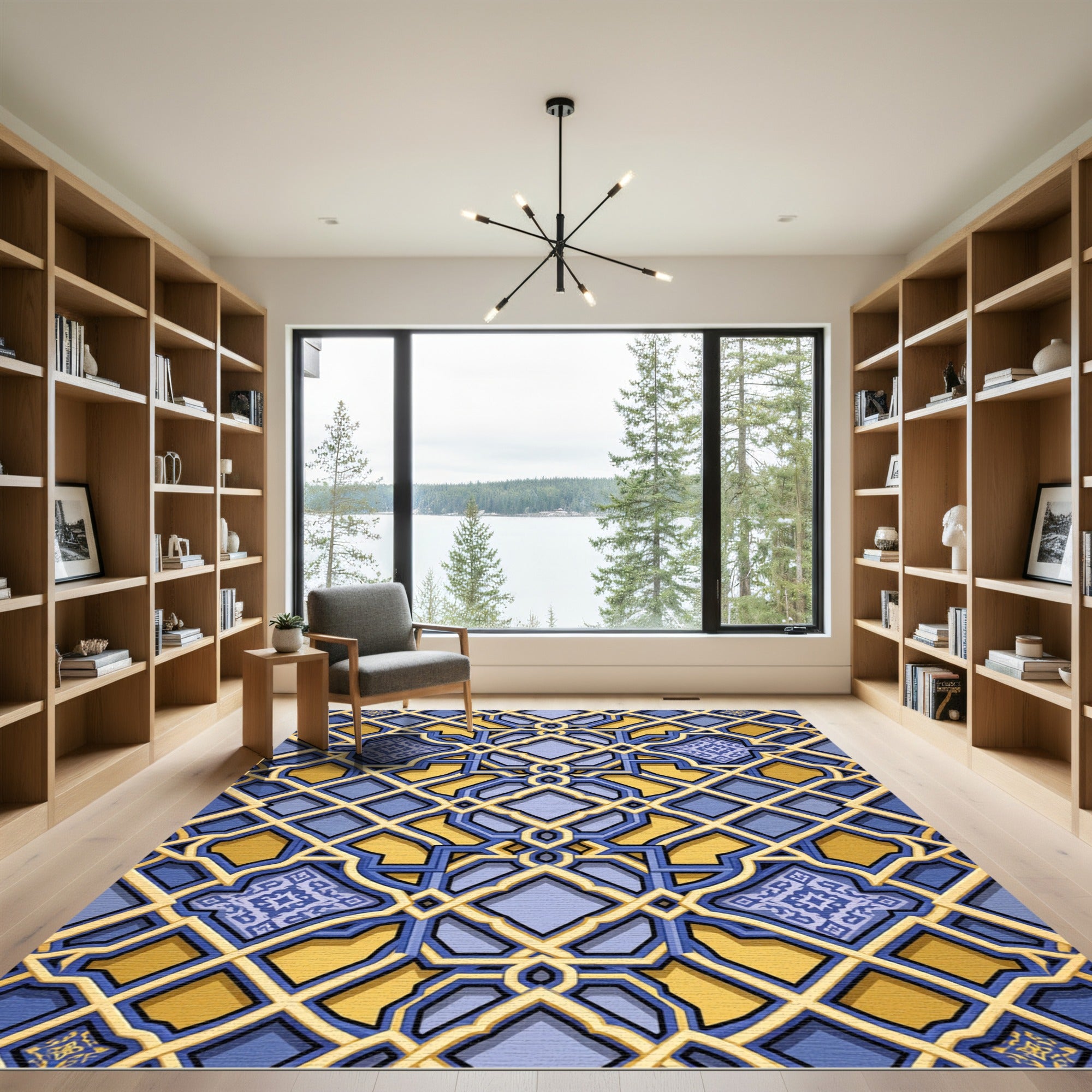 Golden Azure Geometric Lattice Interlocking Tile Rug