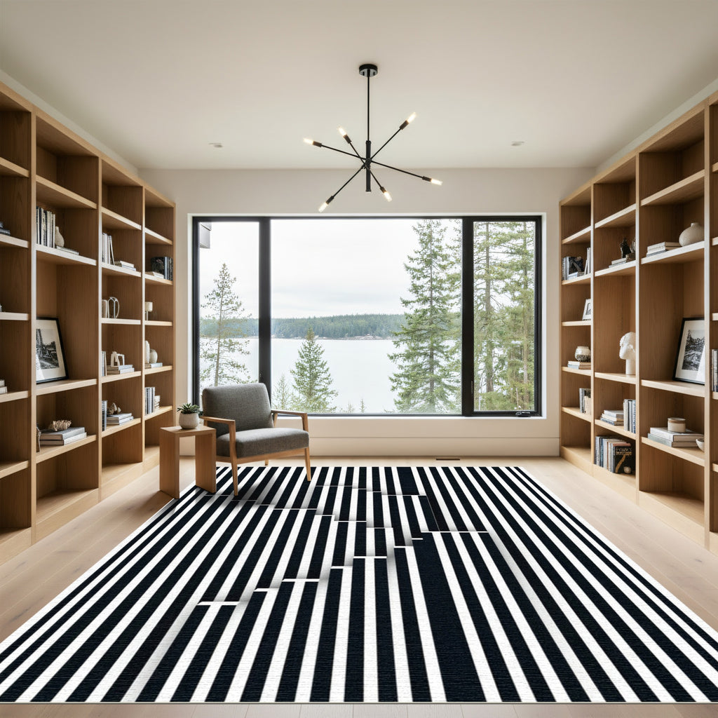 Geometric Black White Stair Illusion Rug