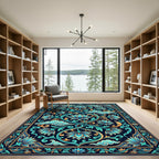 Intricate Teal Lotus Swirls Border Rug