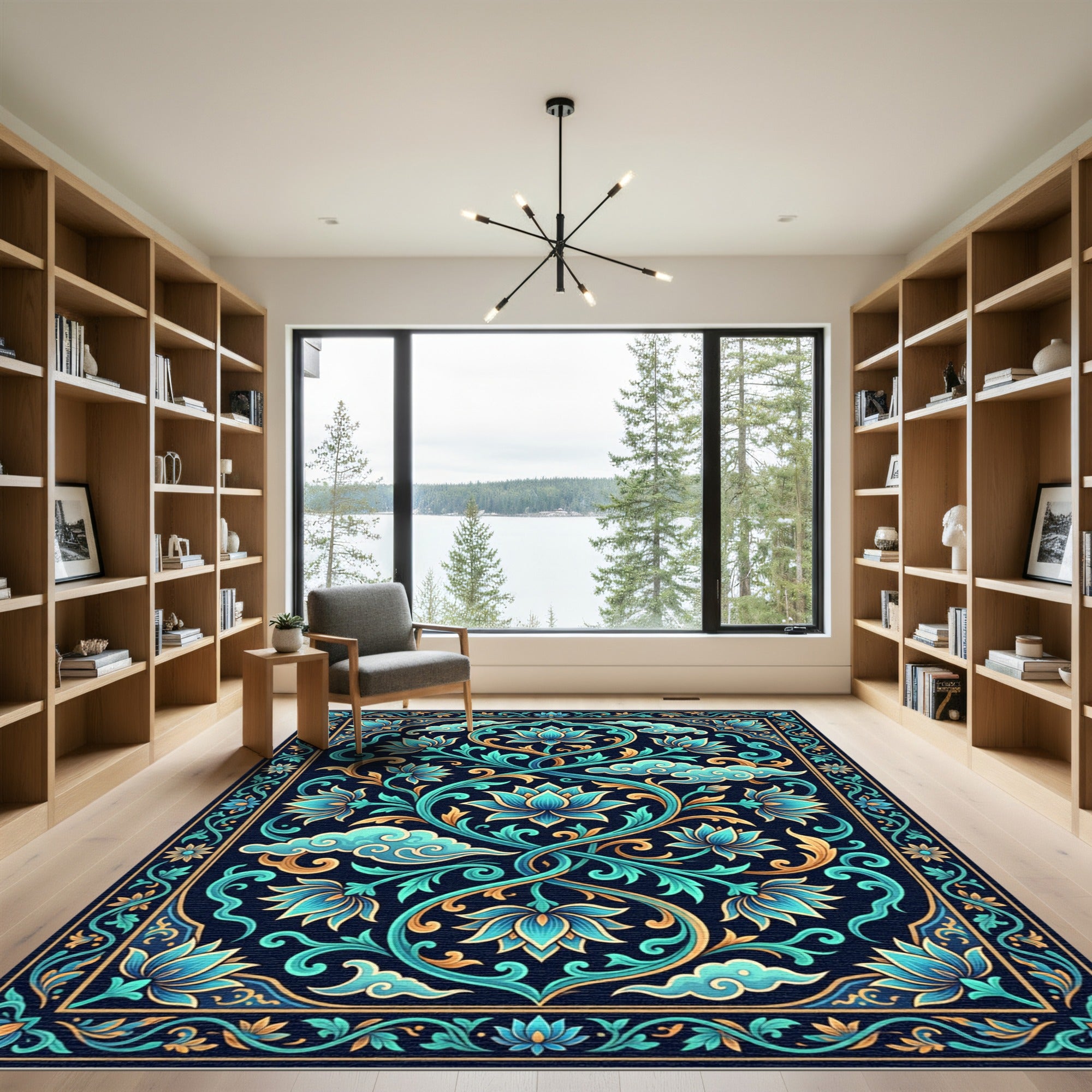 Intricate Teal Lotus Swirls Border Rug