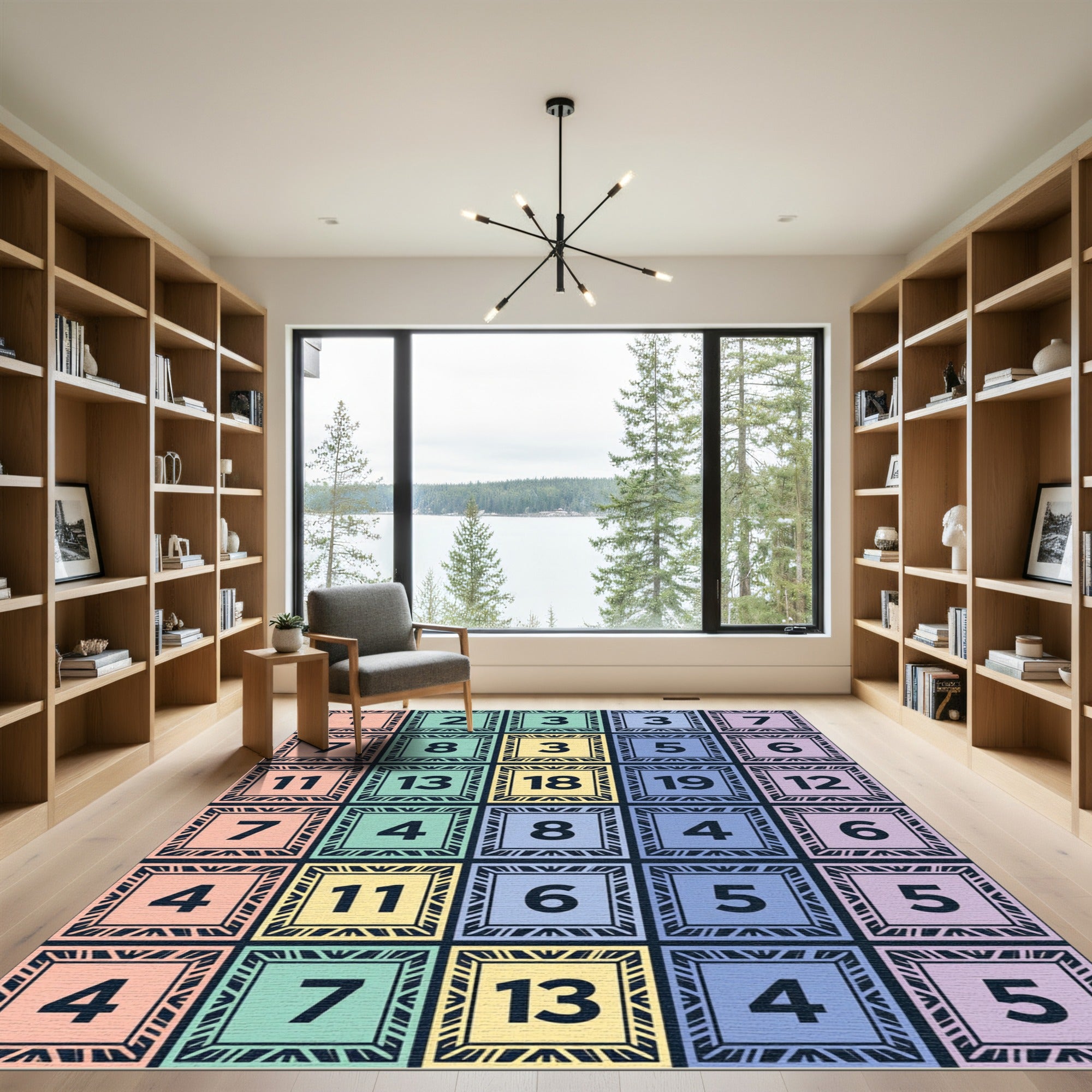 Multicolor Geometric Numbered Grid Square Rug