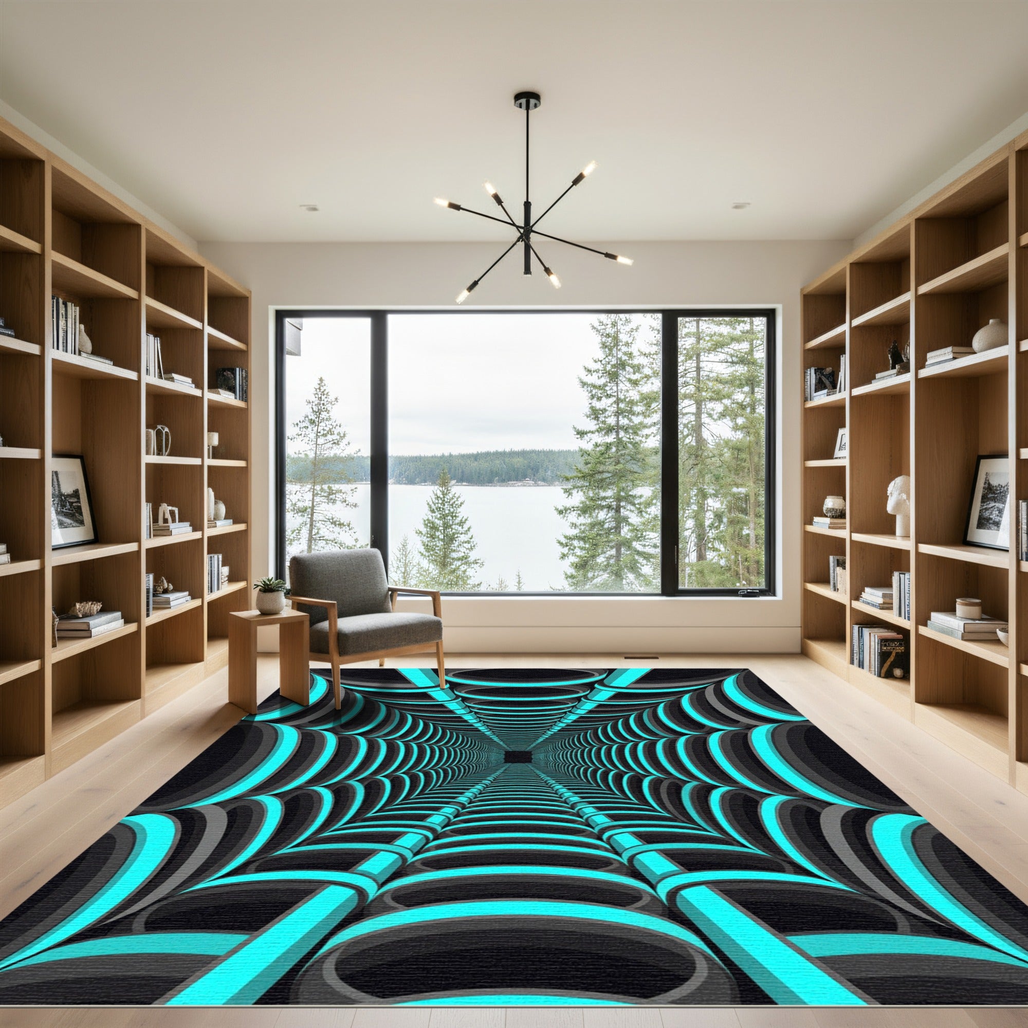 Neon Cyan Glowing Geometric Tunnel Rug