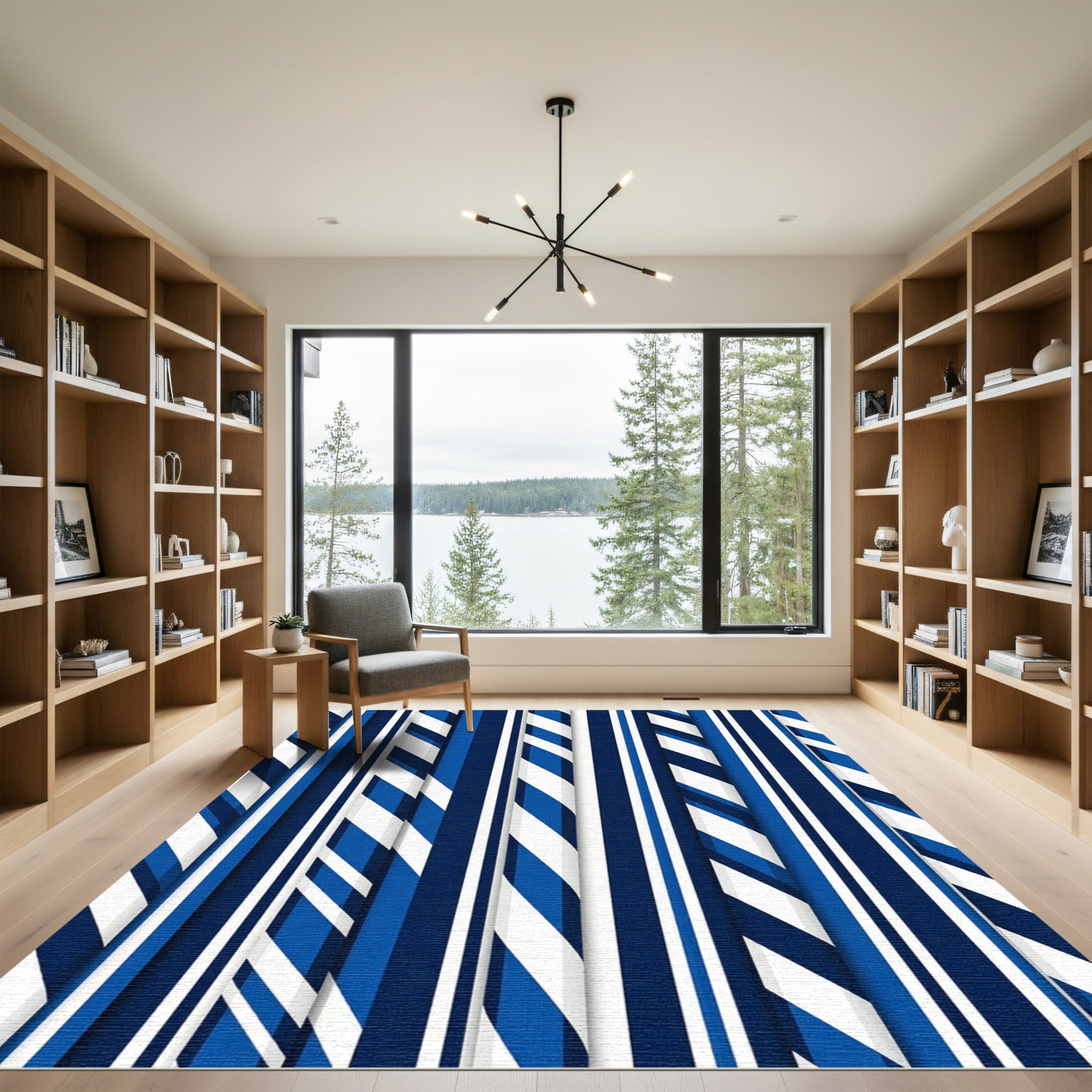 Navy Blue White Striped Geometric Rug
