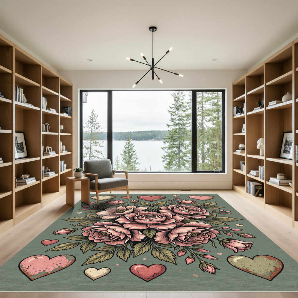 Pink Hearts Floral Bouquet Rug